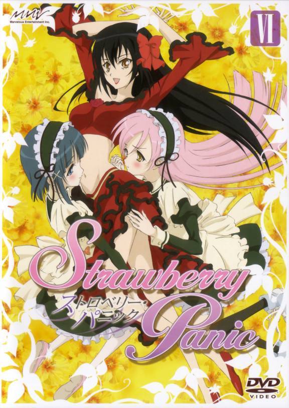 numata seiya, minamoto chikaru, okuwaka tsubomi, tsukidate chiyo, strawberry panic!, jpeg artifacts, official art, 00s, 3girls, black hair, blue hair, blush, bow, copyright name, cover, dvd cover, flower, frilled skirt, frills, hair bow, hairband, hibiscus, holding hands, hug, lolita hairband, long hair, maid, midriff, multiple girls, pink hair, skirt