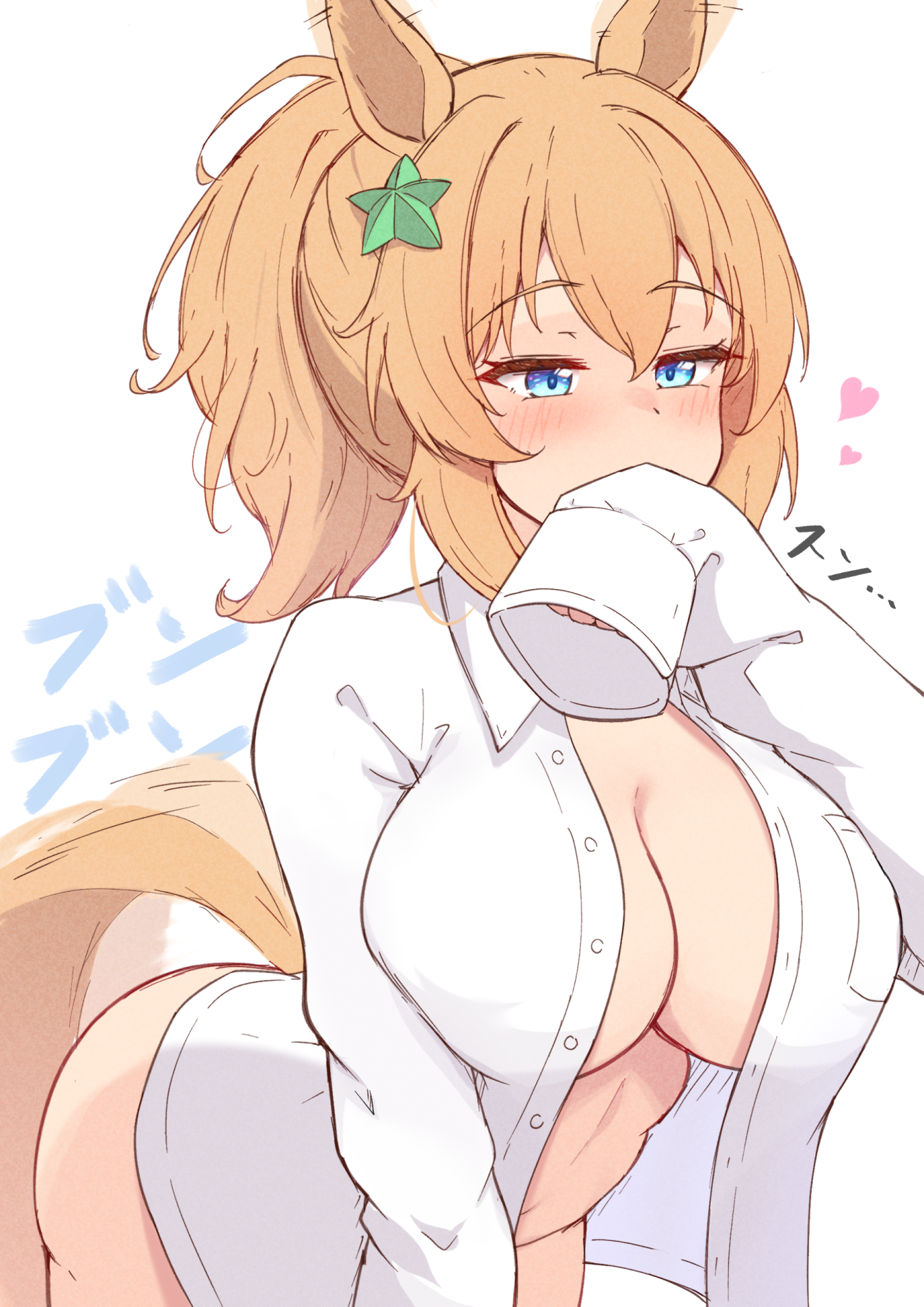 himura anzu, taiki shuttle (umamusume), umamusume, commentary request, highres, 1girl, animal ears, blue eyes, blush, breasts, hair ornament, horse ears, horse girl, horse tail, large breasts, long sleeves, naked shirt, open clothes, open shirt, shirt, simple background, sleeves past fingers, sleeves past wrists, solo, star (symbol), star hair ornament, tail, white background, white shirt