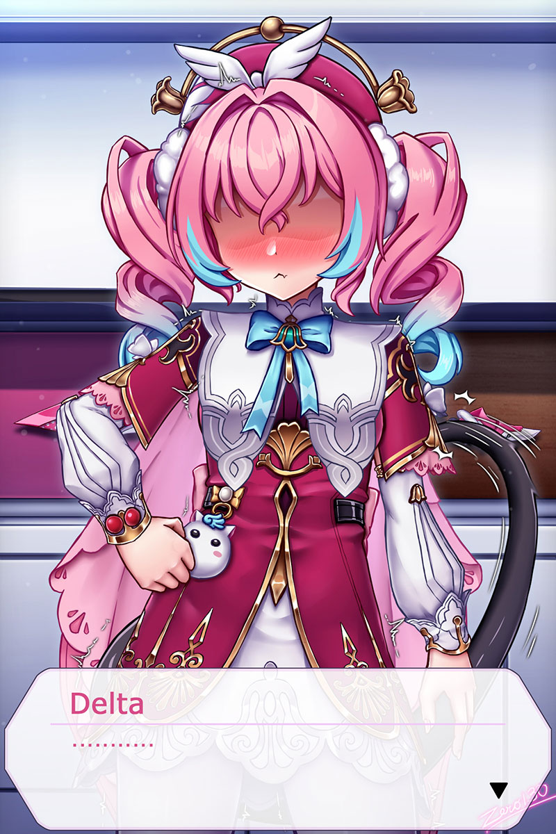 zero130rider, delta (honkai impact), hyacine (honkai: star rail), rozaliya olenyeva, honkai: star rail, honkai (series), honkai impact 3rd, highres, 1girl, artist name, blue eyes, blue hair, cosplay, dress, hyacine (honkai: star rail) (cosplay), long hair, looking at viewer, multicolored hair, pink hair, solo, tail, twintails, two-tone hair