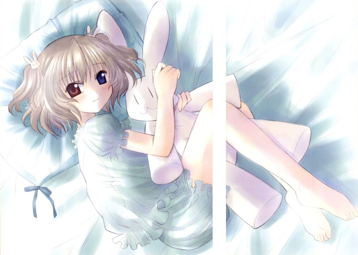 naruse chisato, lasty farson, angelic serenade, angelic serenade art collection, tenbatsu angel rabbie, artbook, 1girl, barefoot, bed, bow, female focus, frills, hair ornament, heterochromia, lingerie, pajamas, rabbit, rabbit hair ornament, solo, stuffed animal, stuffed rabbit, stuffed toy, underwear