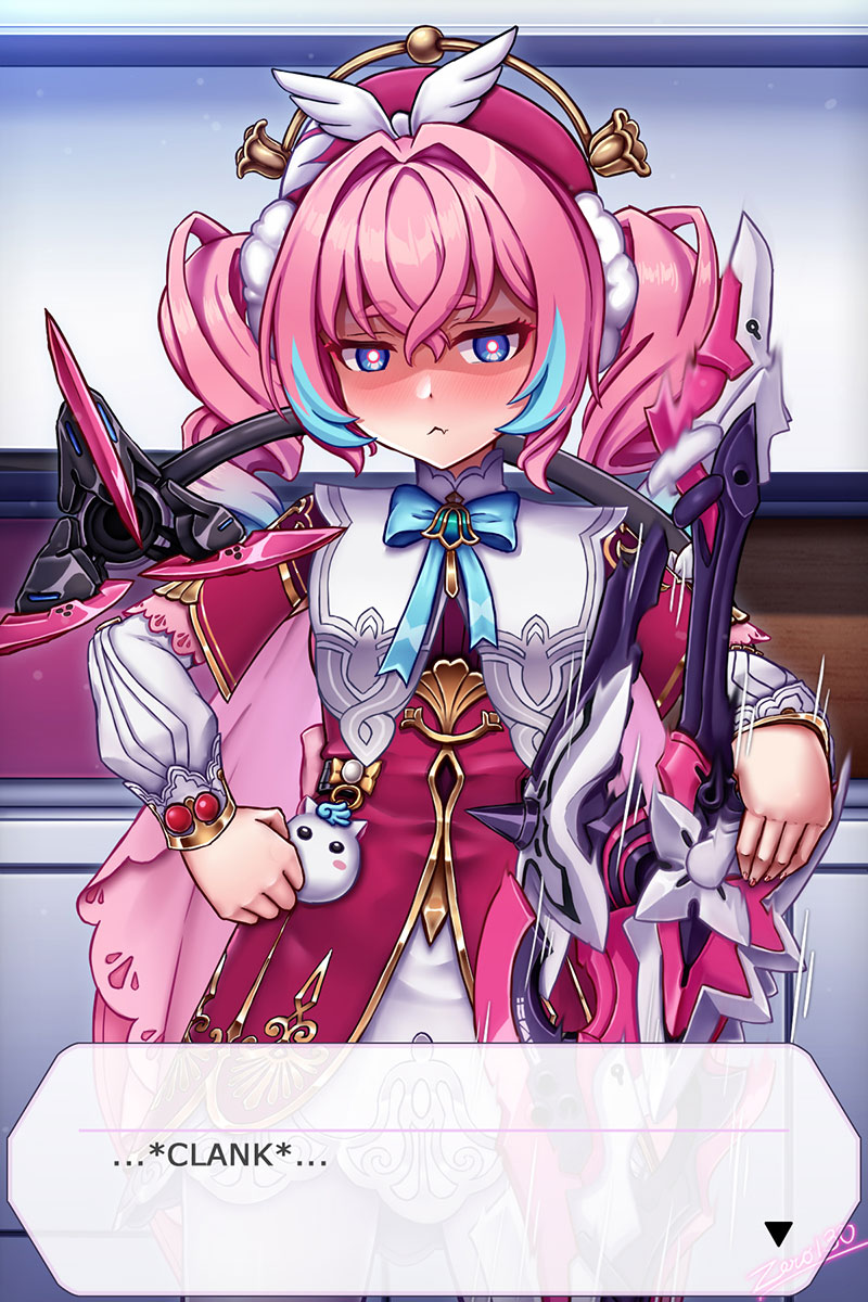 zero130rider, delta (honkai impact), hyacine (honkai: star rail), rozaliya olenyeva, honkai: star rail, honkai (series), honkai impact 3rd, highres, 1girl, artist name, blue eyes, blue hair, cosplay, dress, greatsword, holding, holding sword, holding weapon, hyacine (honkai: star rail) (cosplay), long hair, looking at viewer, multicolored hair, pink hair, solo, sword, tail, twintails, two-tone hair, weapon