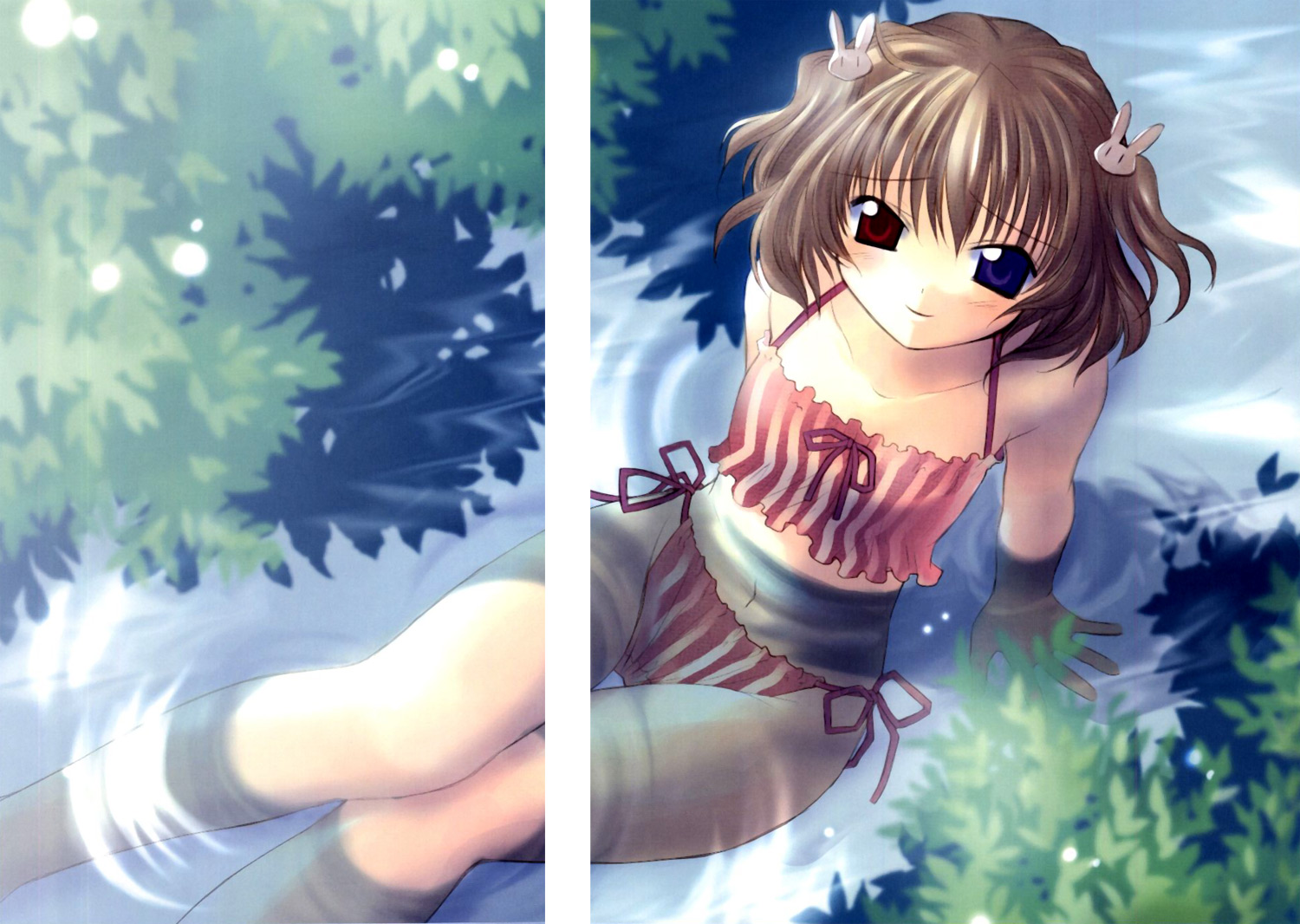 naruse chisato, lasty farson, angelic serenade, angelic serenade art collection, tenbatsu angel rabbie, artbook, 1girl, bikini, bow, day, female focus, hair ornament, heterochromia, nature, outdoors, rabbit hair ornament, side-tie bikini bottom, solo, striped bikini, striped clothes, swimsuit, vertical-striped bikini, vertical-striped clothes, water, wet