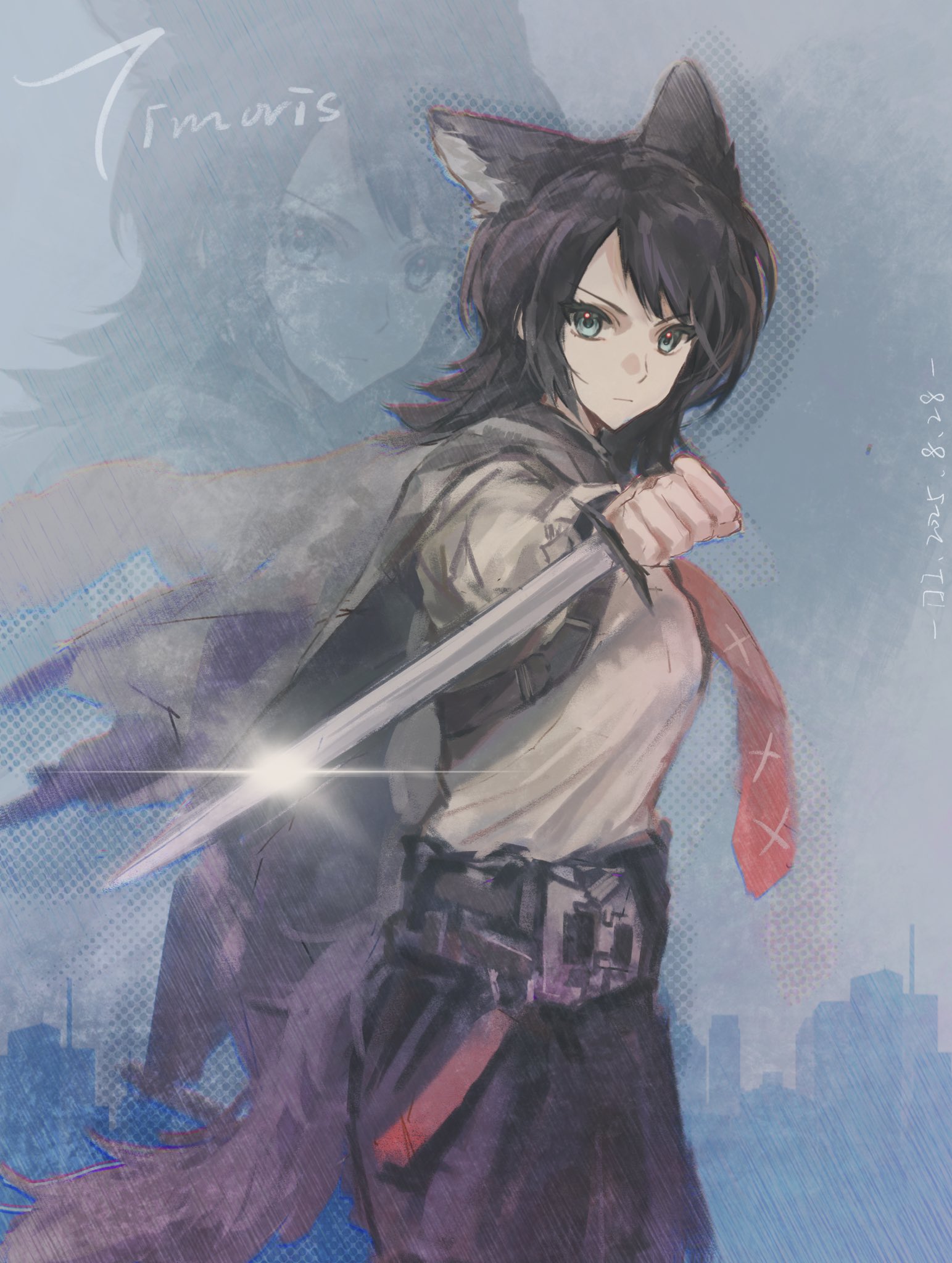 timoris (bang dream!), yahata umiri, arknights, bang dream!, bang dream! it's mygo!!!!!, chinese commentary, commentary request, highres, 01apathy, 1girl, animal ears, black hair, cape, grey cape, grey shirt, necktie, red necktie, shirt, solo, tail, wolf ears, wolf girl, wolf tail, yahata umiri (moonlight executioner), zoom layer
