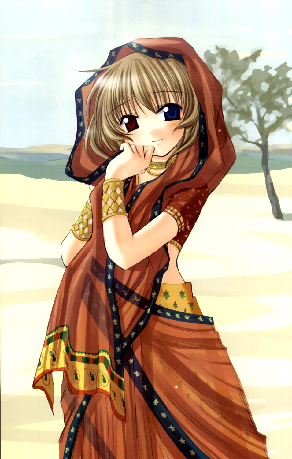 naruse chisato, lasty farson, angelic serenade, angelic serenade art collection, tenbatsu angel rabbie, light brown hair, artbook, highres, blue eyes, bracelet, day, heterochromia, jewelry, necklace, outdoors, red eyes, solo