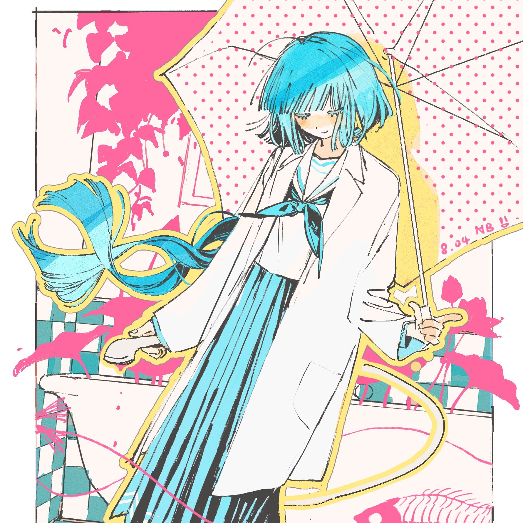 yinyong yu, original, highres, 1girl, blue hair, blue neckerchief, blue skirt, blunt bangs, blunt ends, border, closed eyes, closed mouth, colored eyelashes, dated, dot nose, drop shadow, feet out of frame, happy, holding, holding umbrella, indoors, lab coat, lapels, light blush, long hair, long skirt, long sleeves, neckerchief, notched lapels, outline, outside border, plant, pleated skirt, pocket, potted plant, sailor collar, school uniform, serafuku, shirt, signature, skirt, smile, solo, tile wall, tiles, umbrella, umbrella over shoulder, very long hair, white border, white sailor collar, white shirt, white umbrella, yellow outline