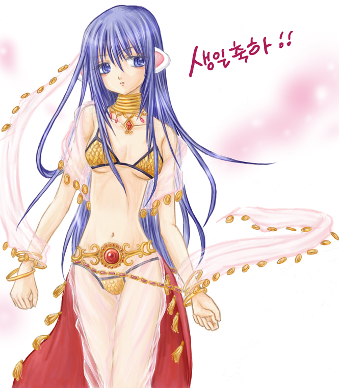 dancer (ragnarok online), ragnarok online, 1girl, blue eyes, blue hair, dancer, female focus, harem outfit, jewelry, korean text, lots of jewelry, matching hair/eyes, neck ring, solo