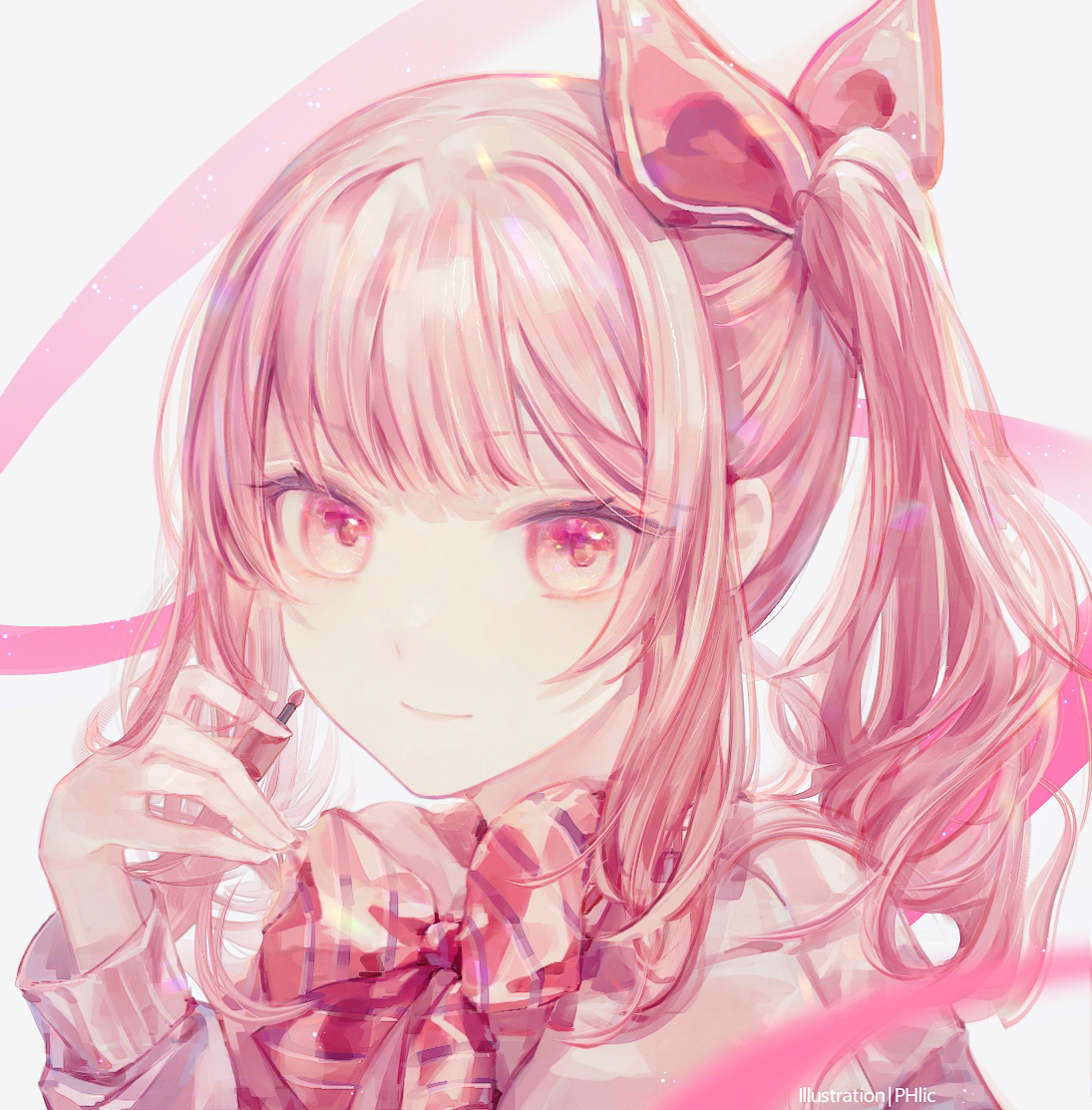 phlic, akiyama mizuki, project sekai, commentary, english commentary, 1other, artist name, blurry, blurry foreground, bow, bowtie, closed mouth, diagonal-striped bow, diagonal-striped bowtie, diagonal-striped clothes, grey background, grey sweater, hair bow, hair over shoulder, hand up, high side ponytail, kamiyama high school uniform (project sekai), light particles, long sleeves, medium hair, other focus, pink eyes, pink hair, pink ribbon, portrait, red bow, red bowtie, ribbon, school uniform, sidelocks, simple background, smile, solo, sparkle, striped bow, striped bowtie, striped clothes, sweater, swept bangs