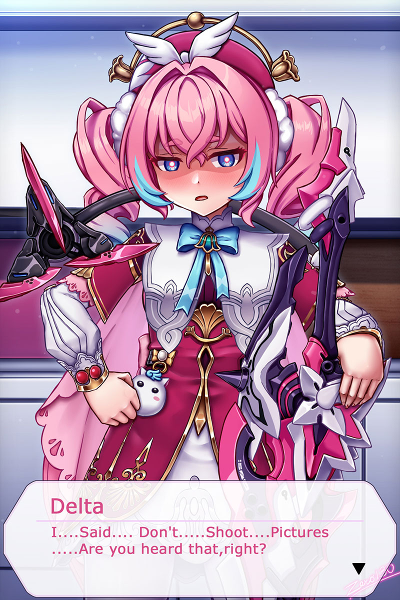 zero130rider, delta (honkai impact), hyacine (honkai: star rail), rozaliya olenyeva, honkai: star rail, honkai (series), honkai impact 3rd, highres, 1girl, artist name, blue eyes, blue hair, cosplay, dress, greatsword, holding, holding sword, holding weapon, hyacine (honkai: star rail) (cosplay), long hair, looking at viewer, multicolored hair, pink hair, solo, sword, tail, twintails, two-tone hair, weapon