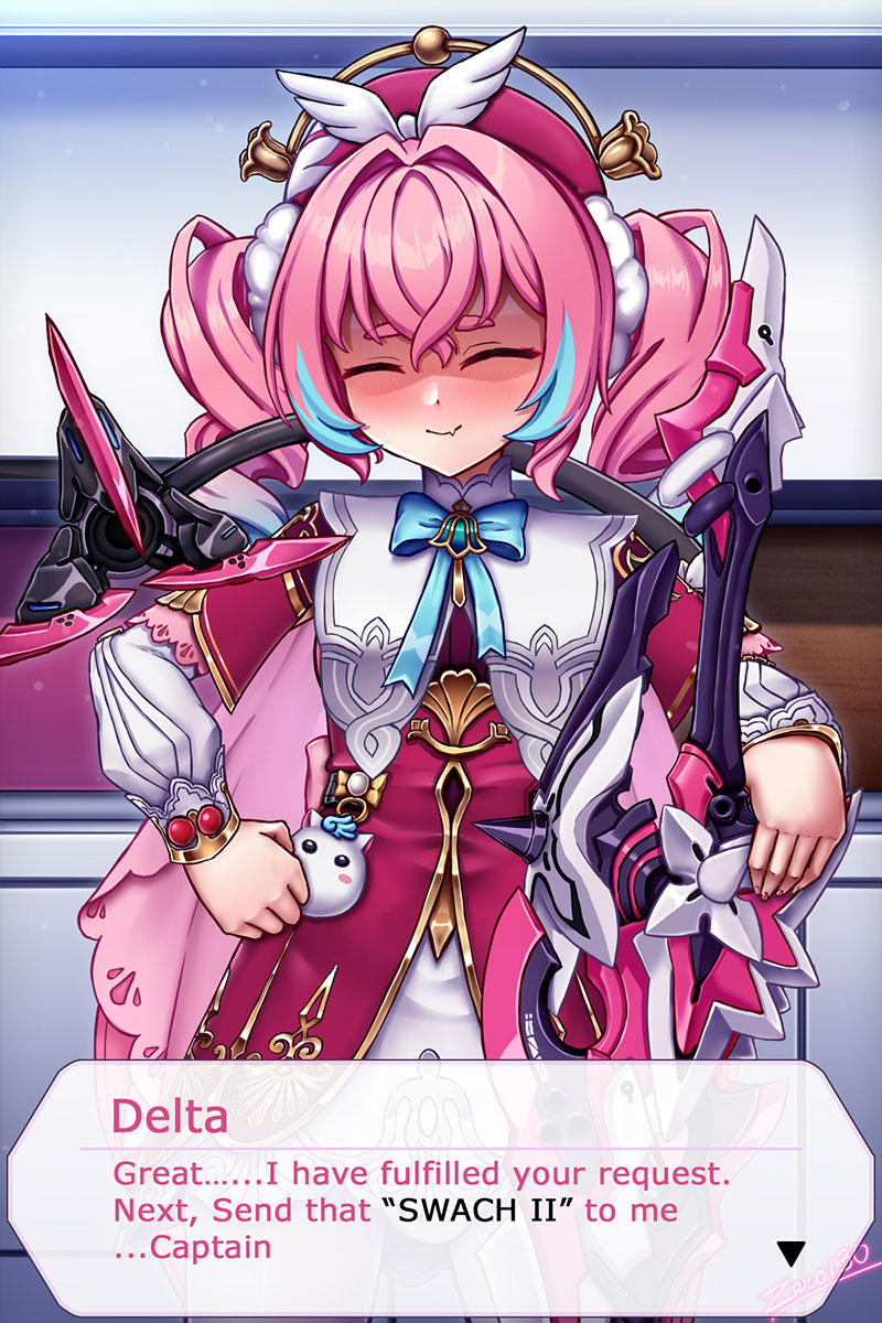 zero130rider, delta (honkai impact), hyacine (honkai: star rail), rozaliya olenyeva, honkai: star rail, honkai (series), honkai impact 3rd, highres, 1girl, artist name, blue eyes, blue hair, closed eyes, closed mouth, cosplay, dress, greatsword, holding, holding sword, holding weapon, hyacine (honkai: star rail) (cosplay), long hair, looking at viewer, multicolored hair, pink hair, solo, sword, tail, twintails, two-tone hair, weapon