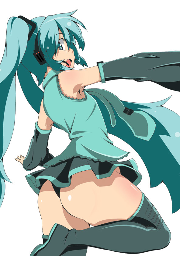 toudori, hatsune miku, vocaloid, 1girl, aqua eyes, aqua hair, ass, detached sleeves, female focus, flat chest, long hair, open mouth, panties, pantyshot, skirt, solo, thick thighs, thighhighs, thighs, thong, underwear, upskirt, very long hair, wide hips