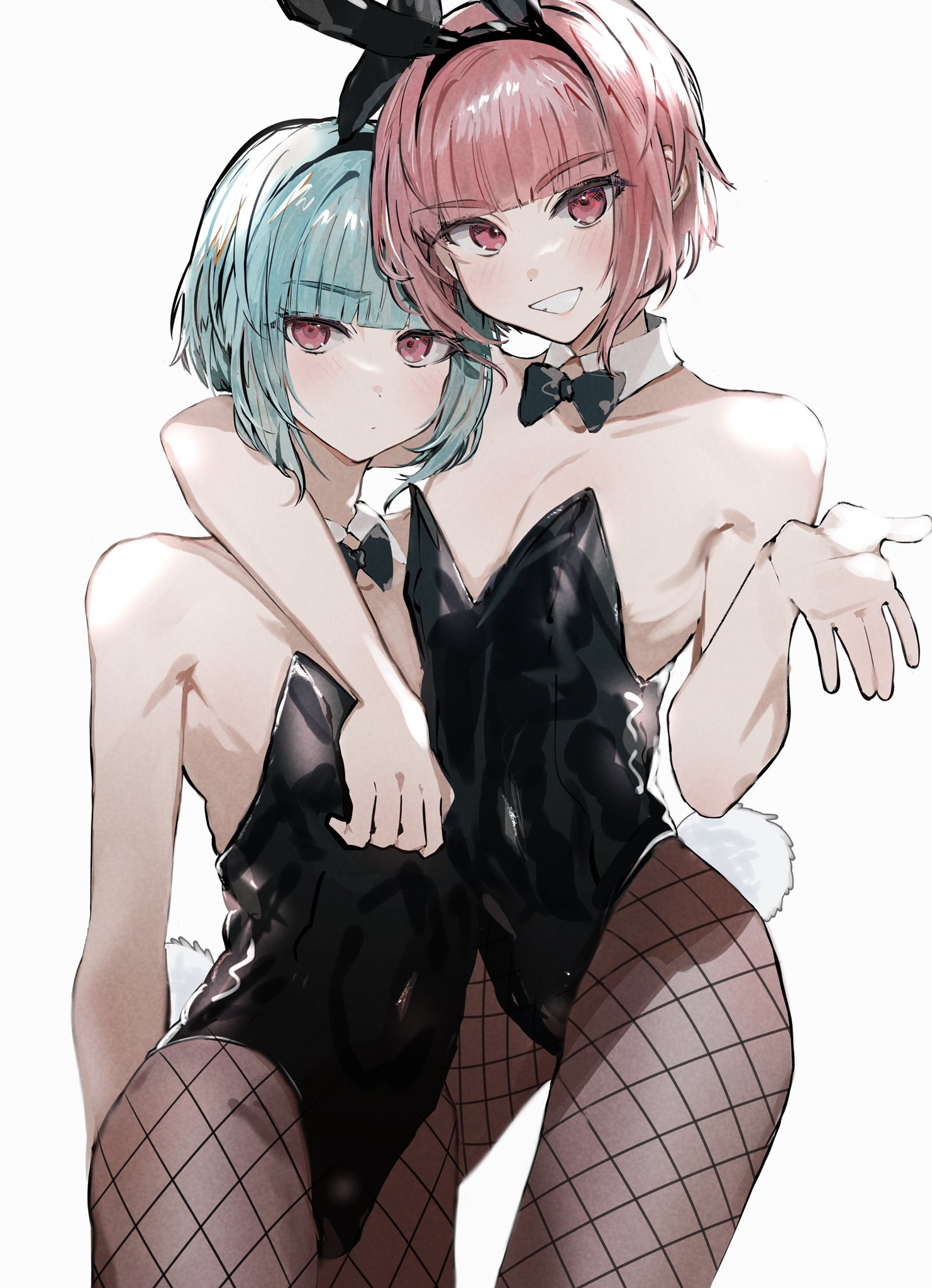 imamiya pinoko, kotonoha akane, kotonoha aoi, voiceroid, highres, 2boys, animal ears, arm around shoulder, blue hair, brothers, crossdressing, detached collar, fake animal ears, genderswap, genderswap (ftm), grin, leotard, multiple boys, pantyhose, pink eyes, pink hair, playboy bunny, rabbit ears, short hair, siblings, smile, white background