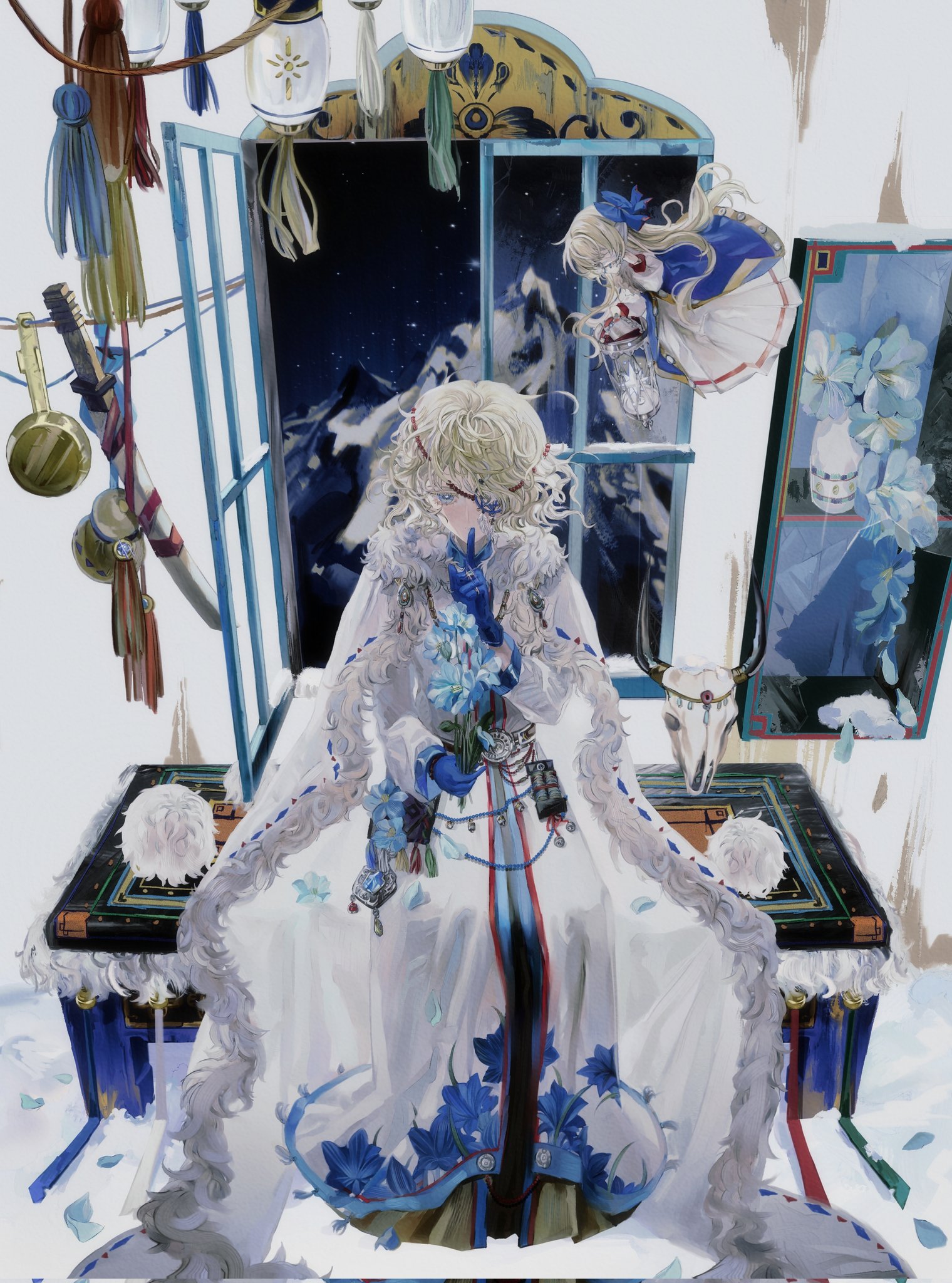 yinyong yu, alice margatroid, shanghai doll, touhou, highres, 1girl, alternate costume, animal skull, blonde hair, blue eyes, blue gloves, blue leotard, cape, doll, dress, eyepatch, finger to mouth, floral print, flower, full body, fur-trimmed cape, fur trim, gloves, holding, holding flower, indoors, leotard, long dress, looking at viewer, medium hair, mountain, night, night sky, on stool, open window, ribbon-trimmed cape, sitting, sky, star (sky), starry sky, tassel, wavy hair, white cape, white dress, wind chime, window