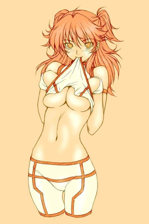 kazuma muramasa, nena trinity, gundam, gundam 00, 00s, 1girl, breast press, breasts, female focus, freckles, large breasts, midriff, mouth hold, red hair, simple background, solo, two side up, underboob, yellow eyes