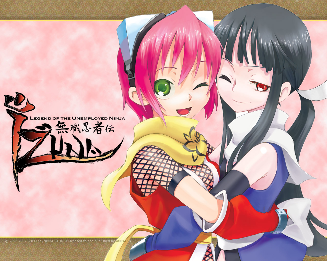 yoshida on, izuna (gouma reifuden izuna), shino (gouma reifuden izuna), gouma reifuden izuna, official art, official wallpaper, 2girls, ;), ;d, arm around waist, bare shoulders, black hair, breast press, breasts, cleavage, colored eyelashes, copyright name, dated, elbow gloves, english text, fishnets, floral print, from side, gloves, goggles, goggles on head, green eyes, hair ribbon, half-closed eyes, happy, hug, japanese clothes, letterboxed, logo, long hair, looking at viewer, looking back, low ponytail, medium breasts, midriff peek, multiple girls, ninja, one eye closed, open mouth, pink background, pink hair, ponytail, red eyes, ribbon, sash, scarf, short hair, sidelocks, small breasts, smile, symmetrical docking, upper body, very long hair, wink, yuri