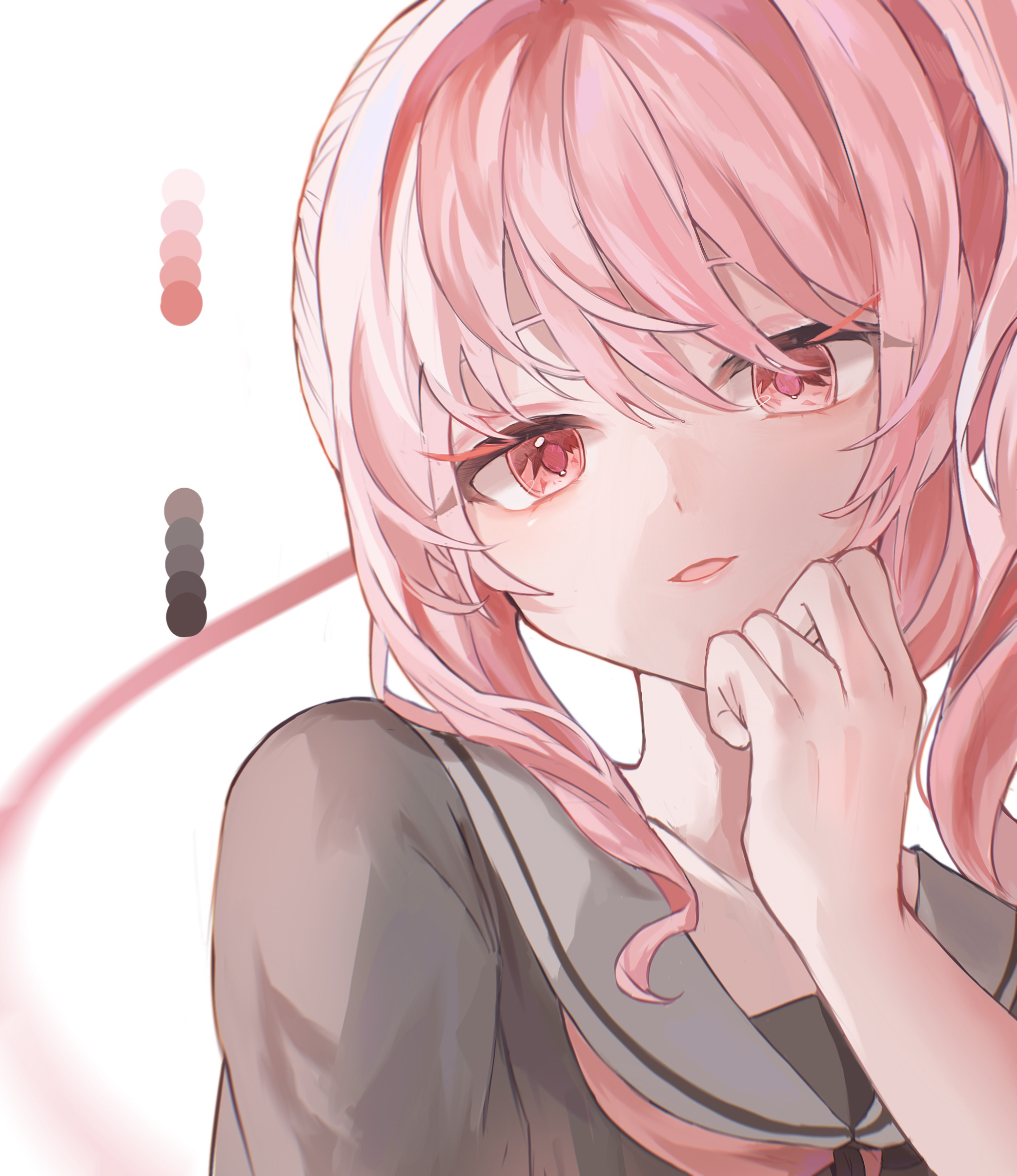 yanyan0333, akiyama mizuki, project sekai, absurdres, chinese commentary, commentary request, highres, 1other, black shirt, blurry, collarbone, color guide, grey sailor collar, hair between eyes, hair intakes, hand on own cheek, hand on own face, hand up, head tilt, high ponytail, looking at viewer, medium hair, neckerchief, open mouth, other focus, pink eyes, pink hair, ponytail, portrait, red neckerchief, sailor collar, school uniform, shirt, sidelighting, sidelocks, simple background, single empty eye, solo, swept bangs, white background