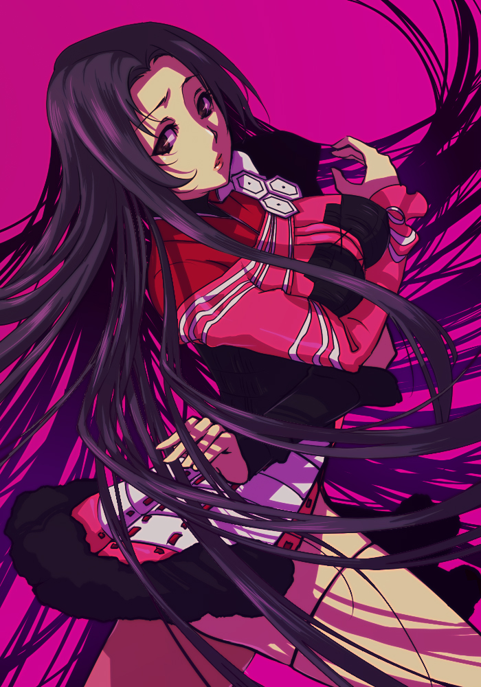 tamachi kuwa, oichi, oichi (sengoku basara), sengoku basara, 00s, 1girl, armor, black hair, breasts, brown eyes, female focus, large breasts, lips, long hair, purple hair, solo, thighs