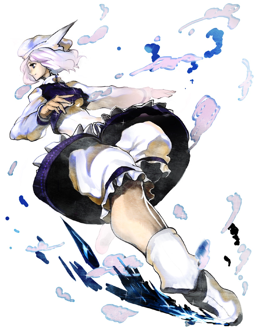 usapiyo, letty whiterock, touhou, silver hair, 1girl, apron, bloomers, blue dress, dress, female focus, frills, from below, full body, hat, leg up, long sleeves, mob cap, pink hair, short hair, simple background, solo, standing, standing on one leg, underwear, upskirt, waist apron, white background, white bloomers