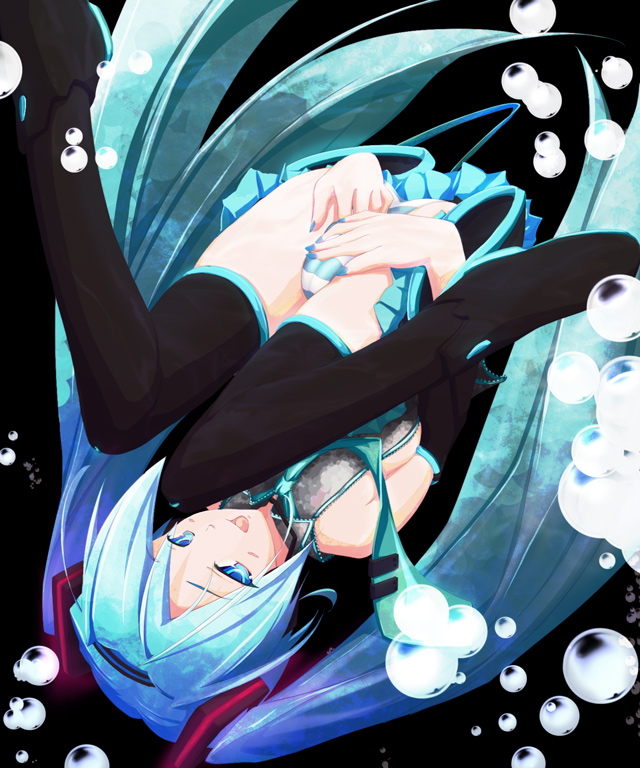 spiral (senra garou), hatsune miku, vocaloid, 1girl, aqua hair, female focus, female masturbation, long hair, masturbation, panties, pantyshot, solo, thighhighs, twintails, underwear, very long hair
