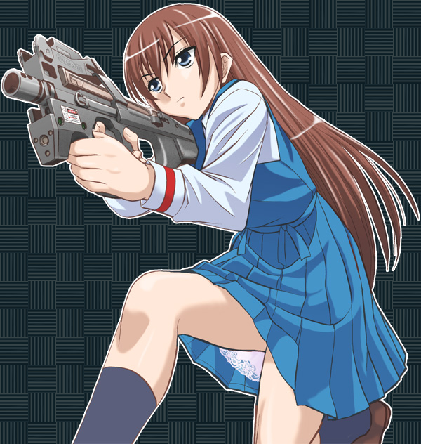 sentape, yuasa hiromi, true tears, 00s, 1girl, blue eyes, brown hair, bullpup, dress, female focus, gun, horizontal magazine, long hair, p90, personal defense weapon, school uniform, see-through clothes, solo, submachine gun, translucent, weapon