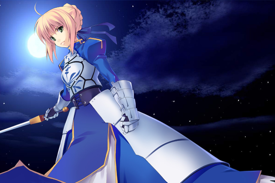 azu, artoria pendragon (fate), saber (fate), fate/stay night, fate (series), 00s, 1girl, ahoge, armor, armored dress, blonde hair, cloud, dress, excalibur (fate/stay night), faulds, female focus, full moon, gauntlets, green eyes, hair ribbon, juliet sleeves, long sleeves, moon, puffy sleeves, ribbon, sky, solo, sword, weapon
