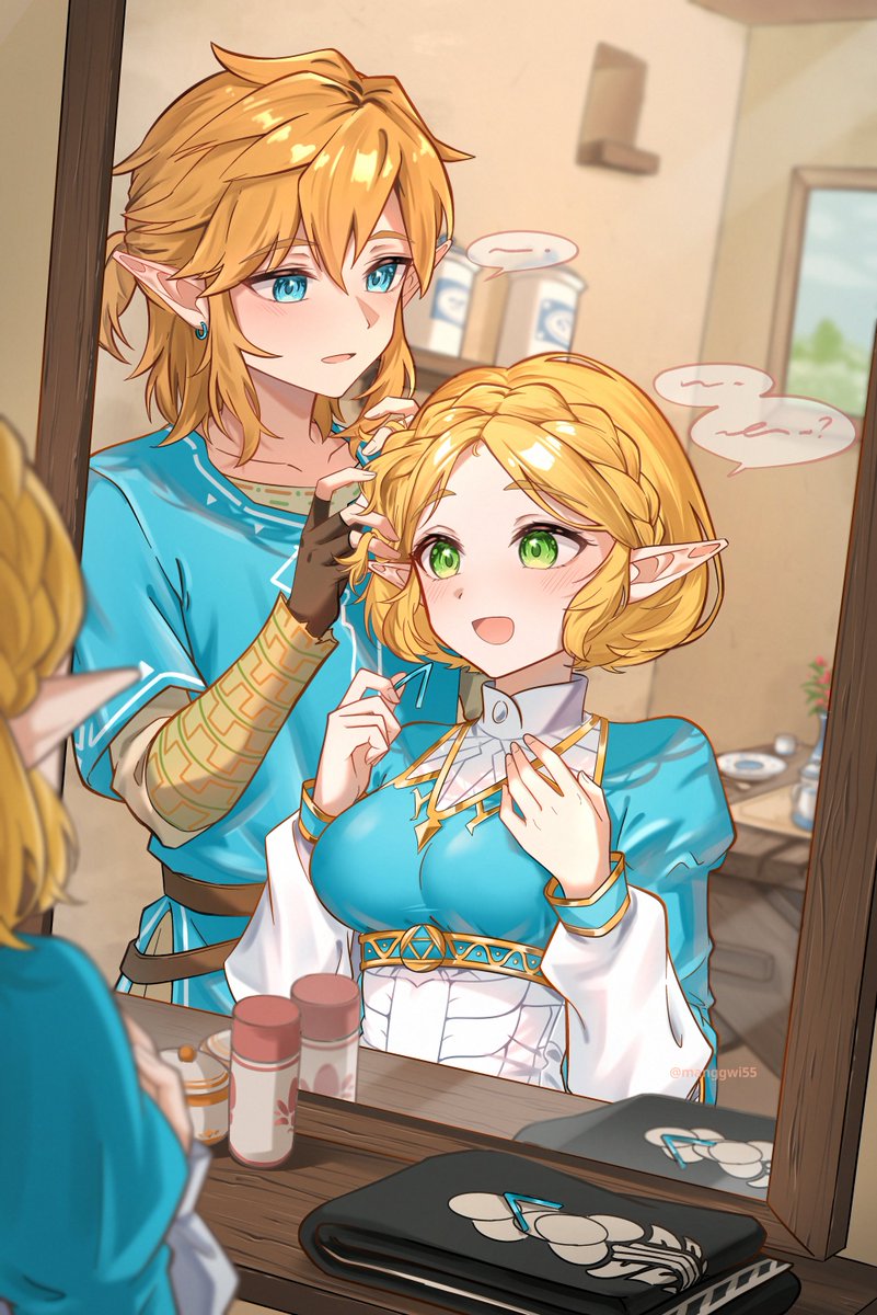 link, princess zelda, nintendo, the legend of zelda, the legend of zelda: tears of the kingdom, commentary request, highres, korean commentary, 1boy, 1girl, blonde hair, blue eyes, blue tunic, braid, breasts, brown gloves, champion's tunic (zelda), crown braid, earrings, fingerless gloves, gloves, gold trim, green eyes, hair ornament, holding, holding hair ornament, jewelry, manggwi55, medium breasts, mirror, open mouth, pointy ears, ponytail, reflection, reflection focus, short ponytail, sidelocks, smile, speech bubble, tunic, tying another's hair