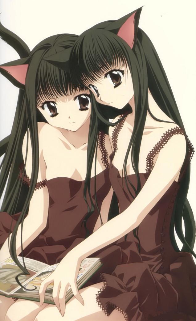 kadoi aya, 2girls, animal ears, black hair, book, brown eyes, cat ears, cat tail, long hair, multiple girls, open book, reading, siblings, sisters, tail, twins
