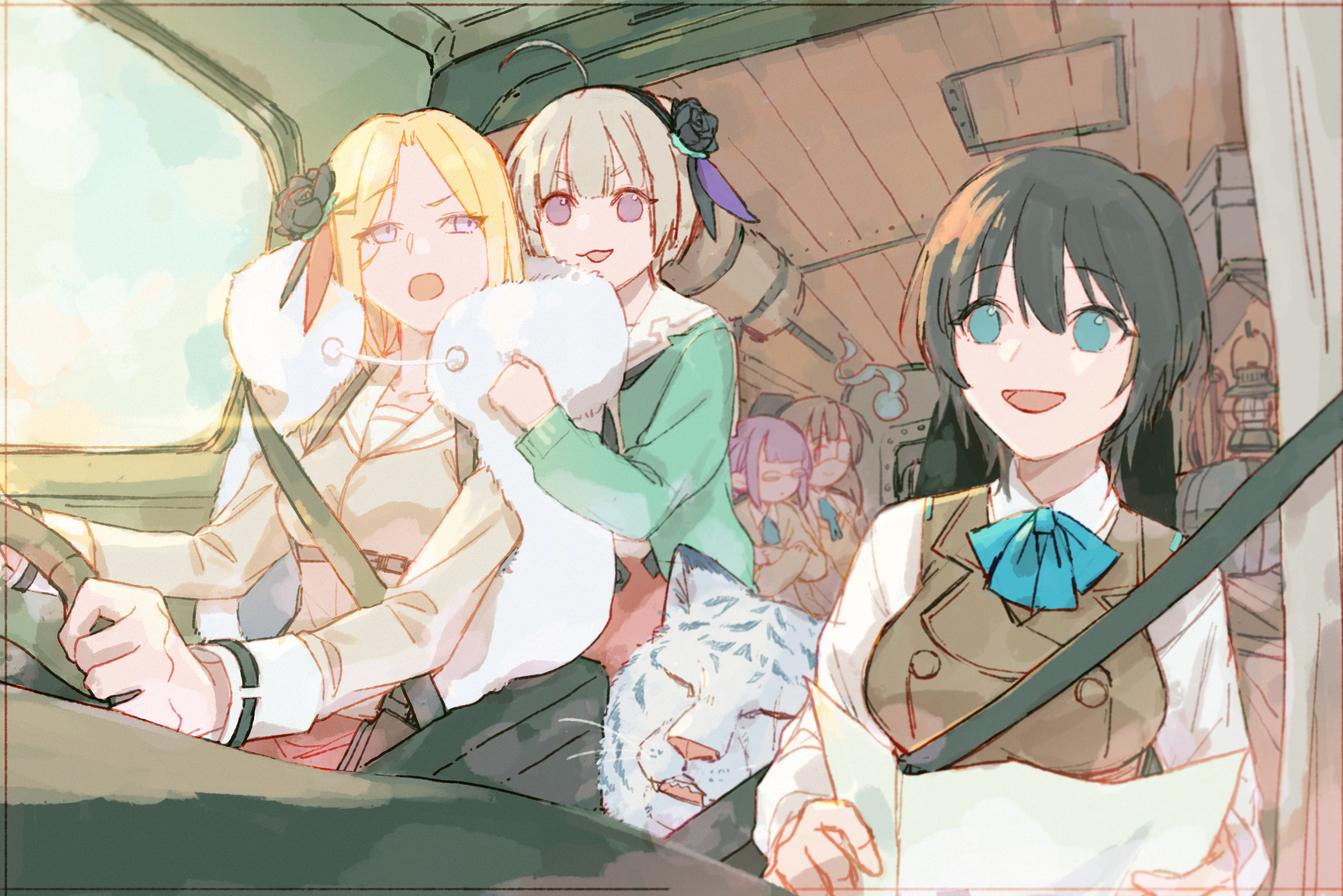 wbon, aoi erika, byakko (heaven burns red), higuchi seika, hiiragi kozue, minase ichigo, minase sumomo, heaven burns red, highres, 5girls, ahoge, black flower, black hair, blonde hair, blue fire, bow, breasts, brown hair, cardigan, drill hair, eyepatch, fire, flower, fur trim, glasses, green cardigan, green eyes, grey hair, hair flower, hair ornament, long sleeves, medium hair, multiple girls, one eye covered, purple eyes, purple hair, rose, sailor collar, shirt, short hair, slice of life, team 31b (heaven burns red), tiger, twin drills, vest, white sailor collar, white shirt, white tiger