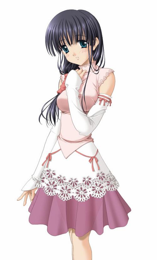 black hair, blue eyes, blush, dress, elbow gloves, gloves, long hair, side ponytail, solo