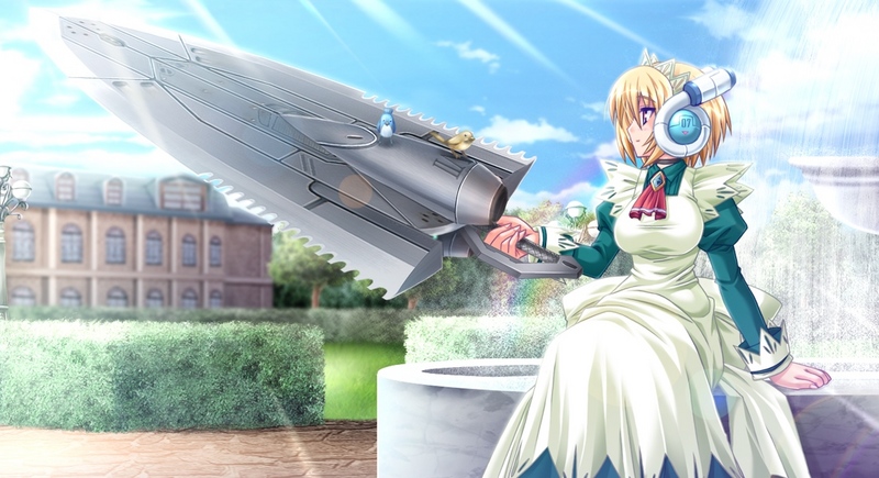 akaza, tamaki rena, maid-san to ookina ken, game cg, 1girl, bird, blonde hair, breasts, combat maid, female focus, fountain, headphones, huge weapon, large breasts, maid, purple eyes, robot ears, short hair, sitting, sky, solo, sword, weapon