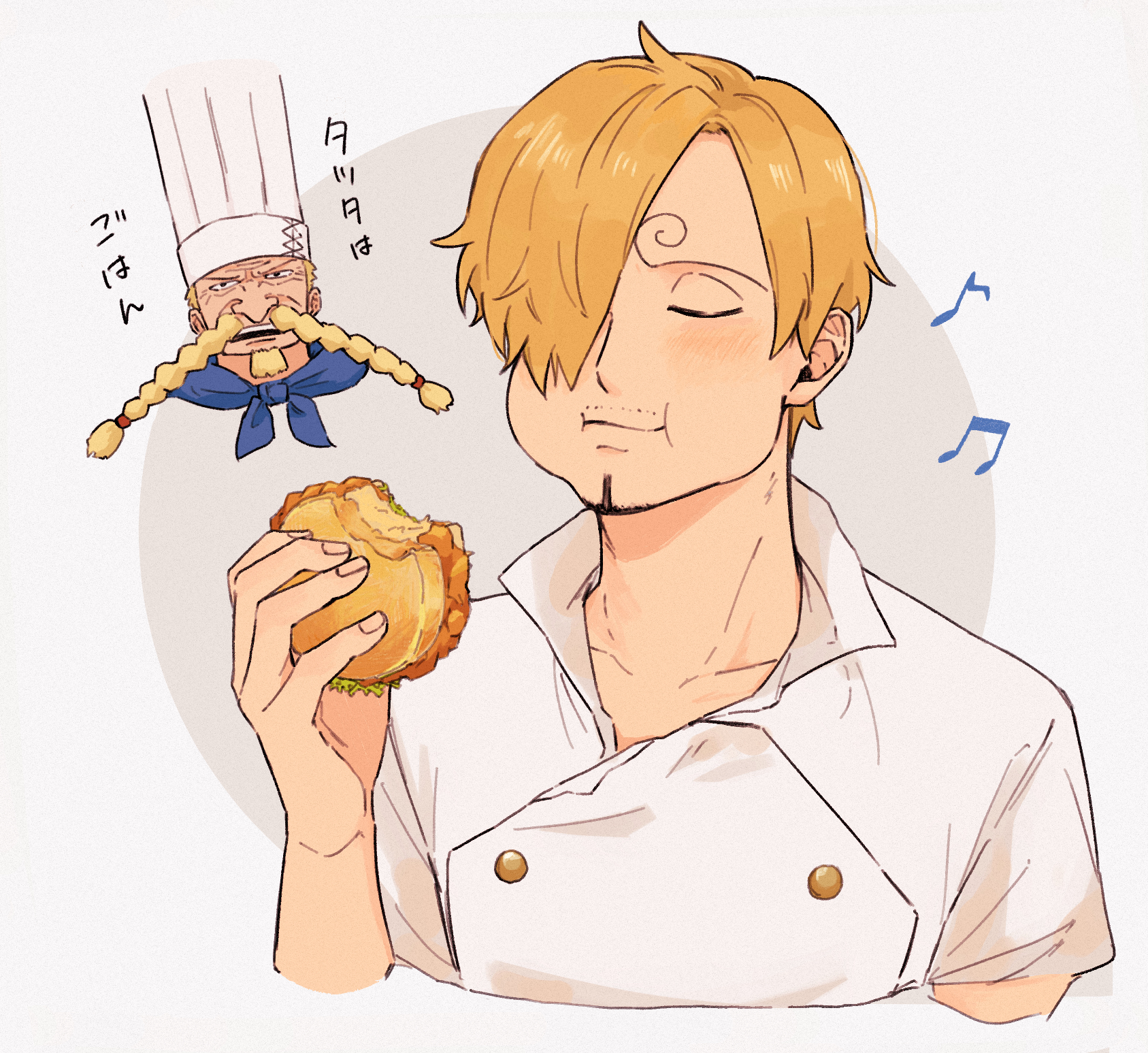 iqracha, red-leg zeff, sanji (one piece), one piece, highres, translation request, 2boys, blonde hair, braided mustache, chef, chef hat, chewing, closed mouth, curly eyebrows, facial hair, father and son, food, goatee, hair over one eye, hat, holding, holding food, long mustache, male focus, multiple boys, mustache, mustache stubble, open mouth, sandwich, shirt, short hair, stubble, white shirt
