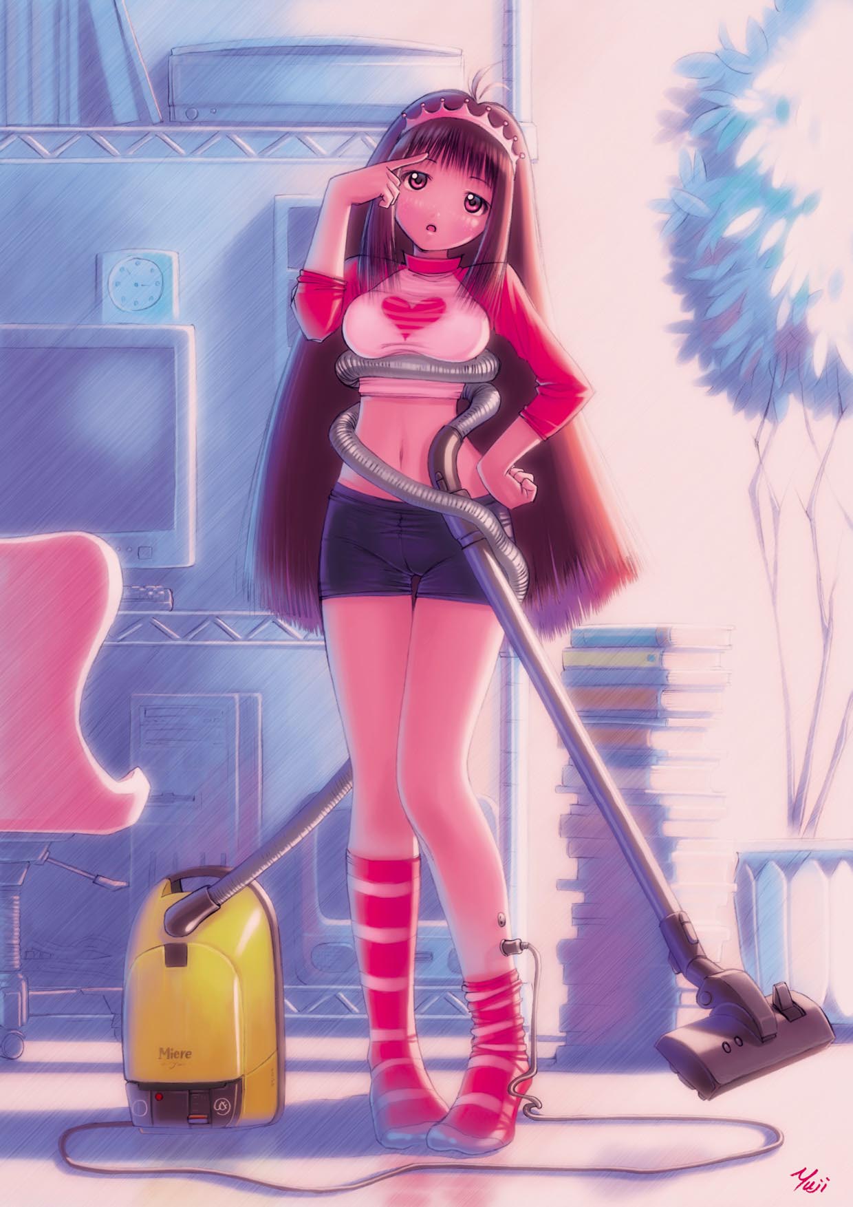 kobayashi yuji, apple inc., macintosh, bad tag, plug, striped, striped legwear, highres, 1girl, android, bike shorts, book, breast press, breasts, brown eyes, brown hair, cameltoe, chair, cleaning, clock, computer, computer keyboard, confused, entangled, hand on own hip, head tilt, heart, legs, long hair, looking up, midriff, patterned legwear, pigeon-toed, plant, pointing, raglan sleeves, shirt, short shorts, shorts, socks, solo, taut clothes, taut shirt, television, tiara, vacuum cleaner, wrapped, wrapped up