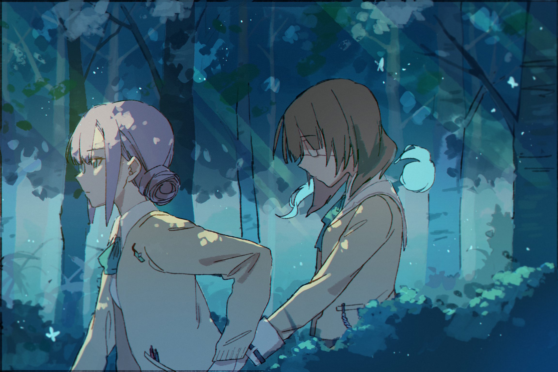 wbon, higuchi seika, hiiragi kozue, heaven burns red, highres, 2girls, bow, breasts, brown hair, drill hair, eyepatch, forest, glasses, green eyes, hair ornament, holding hands, jacket, long sleeves, medium hair, multiple girls, nature, night, one eye covered, purple hair, shirt, short hair, twin drills, yuri
