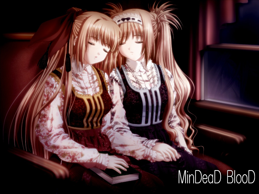 shiizaki hinaki, sonohara mana, sonohara mayu, mindead blood, light brown hair, third-party edit, 2girls, blonde hair, book, brown hair, closed eyes, couch, curtains, dress, fingernails, hair ribbon, hairband, holding hands, lolita fashion, lolita hairband, long hair, multiple girls, open mouth, ribbon, siblings, sisters, sitting, sleeping, sleeping upright, twins, twintails, very long hair, window