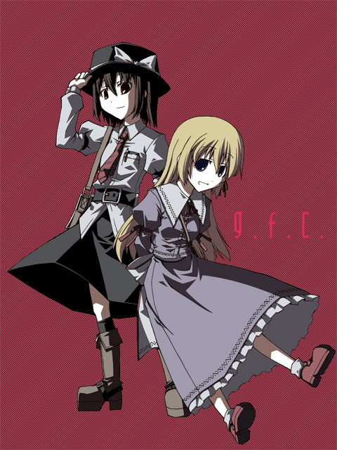 akakage red, red (artist), maribel hearn, usami renko, ghostly field club, touhou, 2girls, arm up, belt, black skirt, blonde hair, brown hair, buckle, collar, dress, fedora, female focus, hat, long sleeves, looking at viewer, multiple girls, necktie, purple dress, red background, red necktie, shirt, short hair, simple background, skirt, white shirt