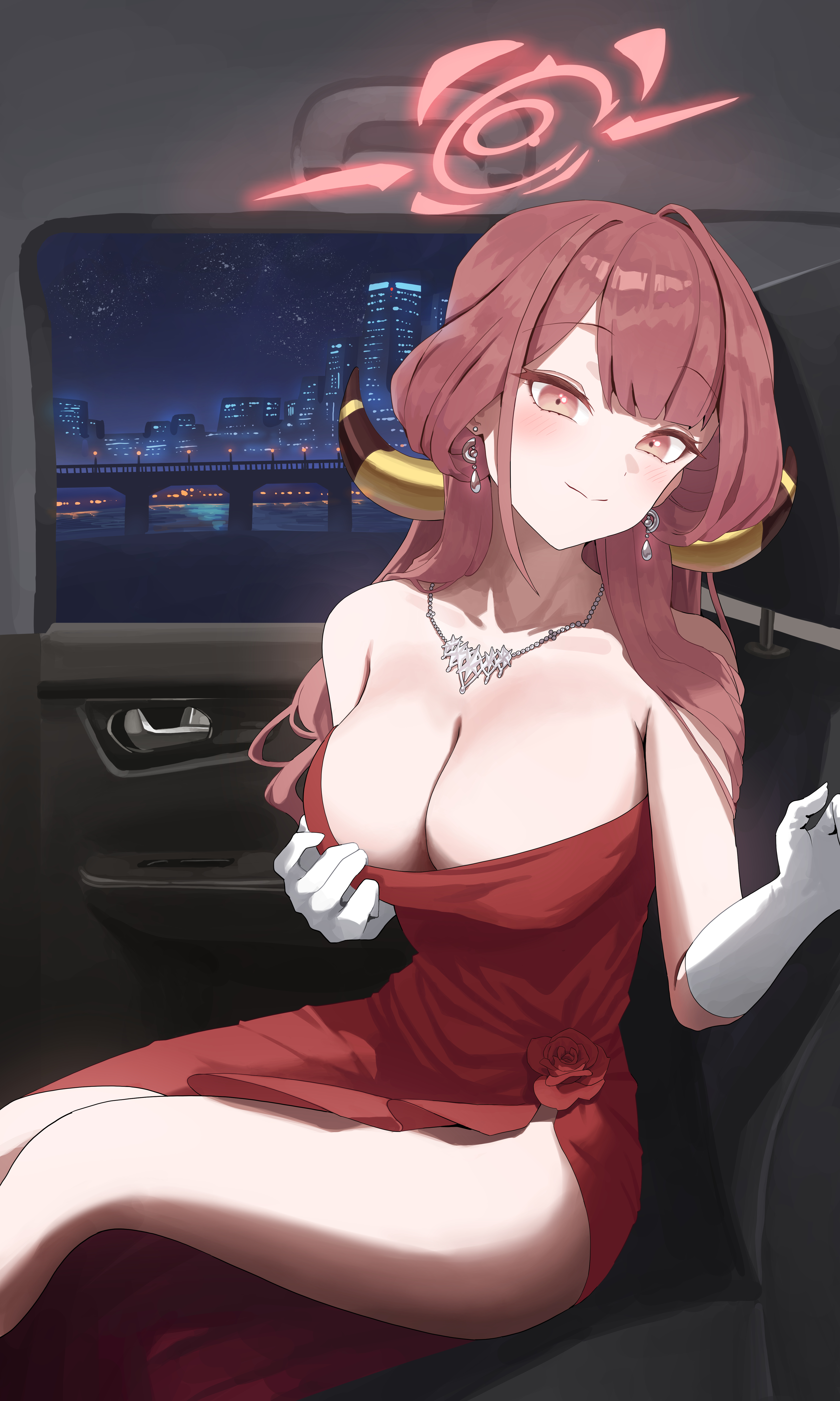 aru (blue archive), aru (dress) (blue archive), blue archive, absurdres, highres, 1girl, breasts, car interior, cleavage, closed mouth, collarbone, demon horns, dress, earrings, gloves, halo, horns, ichinisan326, jewelry, large breasts, long hair, looking at viewer, night, official alternate costume, pink hair, pink halo, red dress, sitting, solo, white gloves, window, yellow eyes