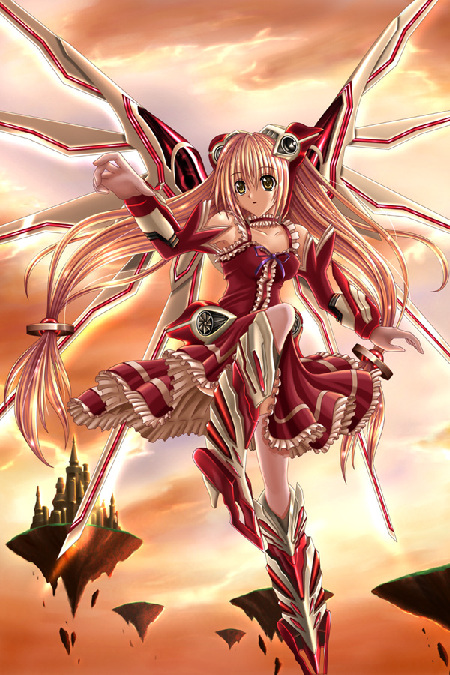 light brown hair, boots, cosplay, elbow gloves, gloves, red theme, skirt, twintails, yellow eyes