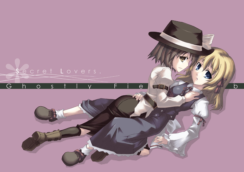 akakage red, red (artist), maribel hearn, usami renko, ghostly field club, touhou, 2girls, arm belt, arm ribbon, blonde hair, blue eyes, brown eyes, brown hair, dress, english text, female focus, footwear ribbon, hair ribbon, hat, hat ribbon, long hair, multiple girls, ribbon, short hair