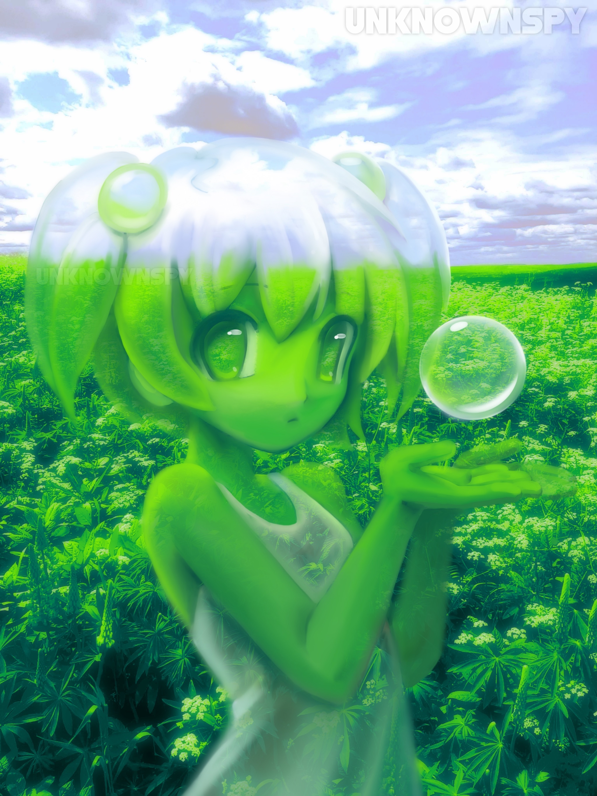 unknownspy, original, absurdres, art fight attack, highres, procreate (medium), 1girl, 2000s (style), borrowed character, bubble, bubble hair ornament, faux retro artstyle, field, gift art, html://tan, outdoors, see-through body, see-through clothes, short twintails, solo, twintails