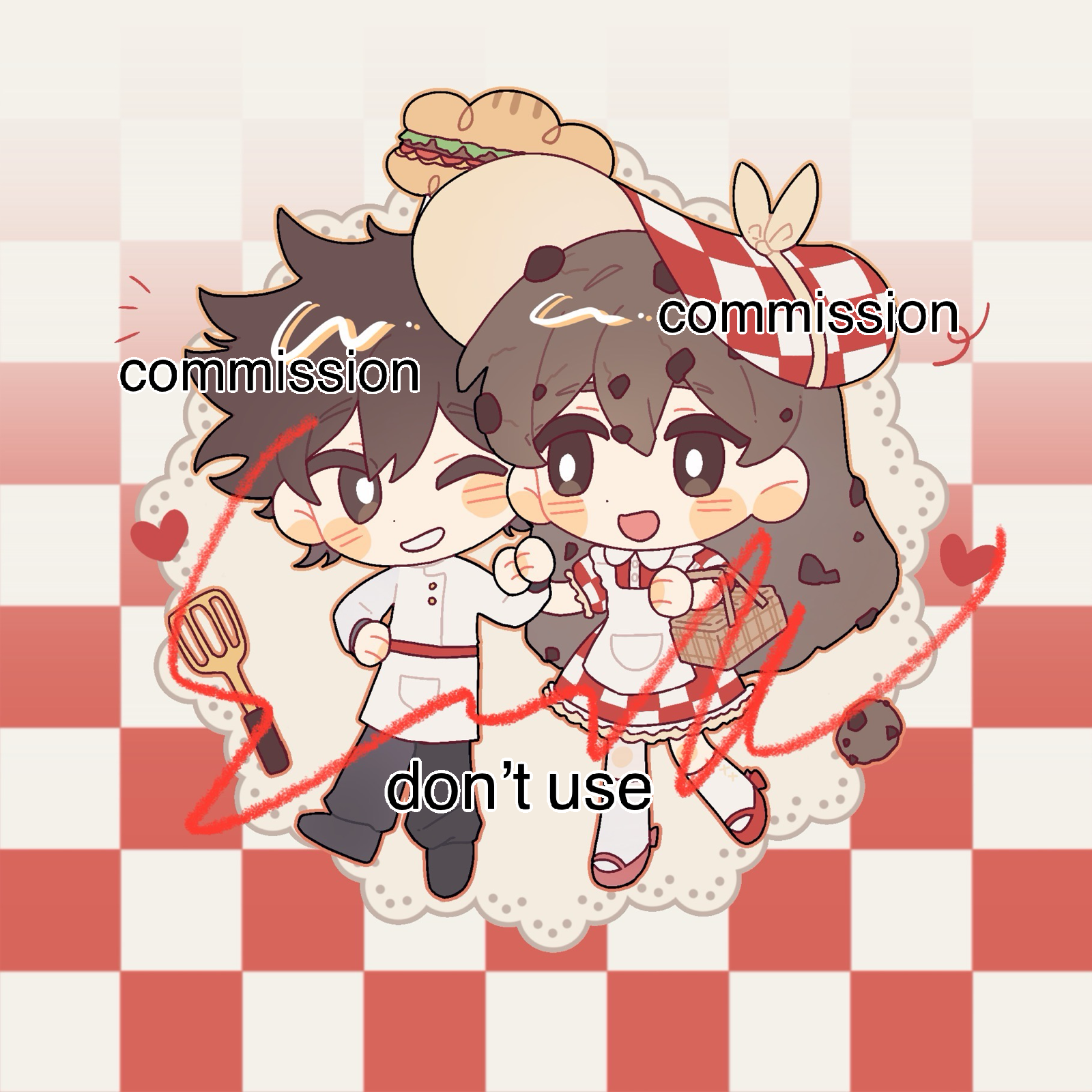 hrsw mz, hero (faraway) (omori), hero (omori), mari (faraway) (omori), mari (omori), omori, chinese commentary, commentary request, commission, highres, 1boy, 1girl, :d, ;d, alternate costume, alternate hair color, apron, basket, black eyes, black hair, black pants, black shoes, bow, bright pupils, buttons, checkered background, checkered clothes, checkered dress, checkered hat, chibi, chibi only, chocolate chip cookie, coat, collared dress, cookie, dot nose, double-parted bangs, dress, elbow carry, eye contact, food, frilled apron, frilled dress, frilled sleeves, frills, full body, grey background, grey hair, grin, hair behind ear, hair between eyes, hand on own hip, hat, hat bow, heart, holding, holding basket, holding hands, holding picnic basket, kneehighs, lettuce, long hair, long sleeves, looking at another, mary janes, medium dress, one eye closed, open mouth, orange outline, outline, pants, picnic basket, puffy pants, puffy short sleeves, puffy sleeves, red background, red dress, red shoes, sandwich, shoes, short hair, short sleeves, simple background, smile, socks, spatula, standing, standing on one leg, tomato, two-tone background, two-tone dress, very long hair, watermark, white apron, white coat, white dress, white pupils, white socks, yellow bow