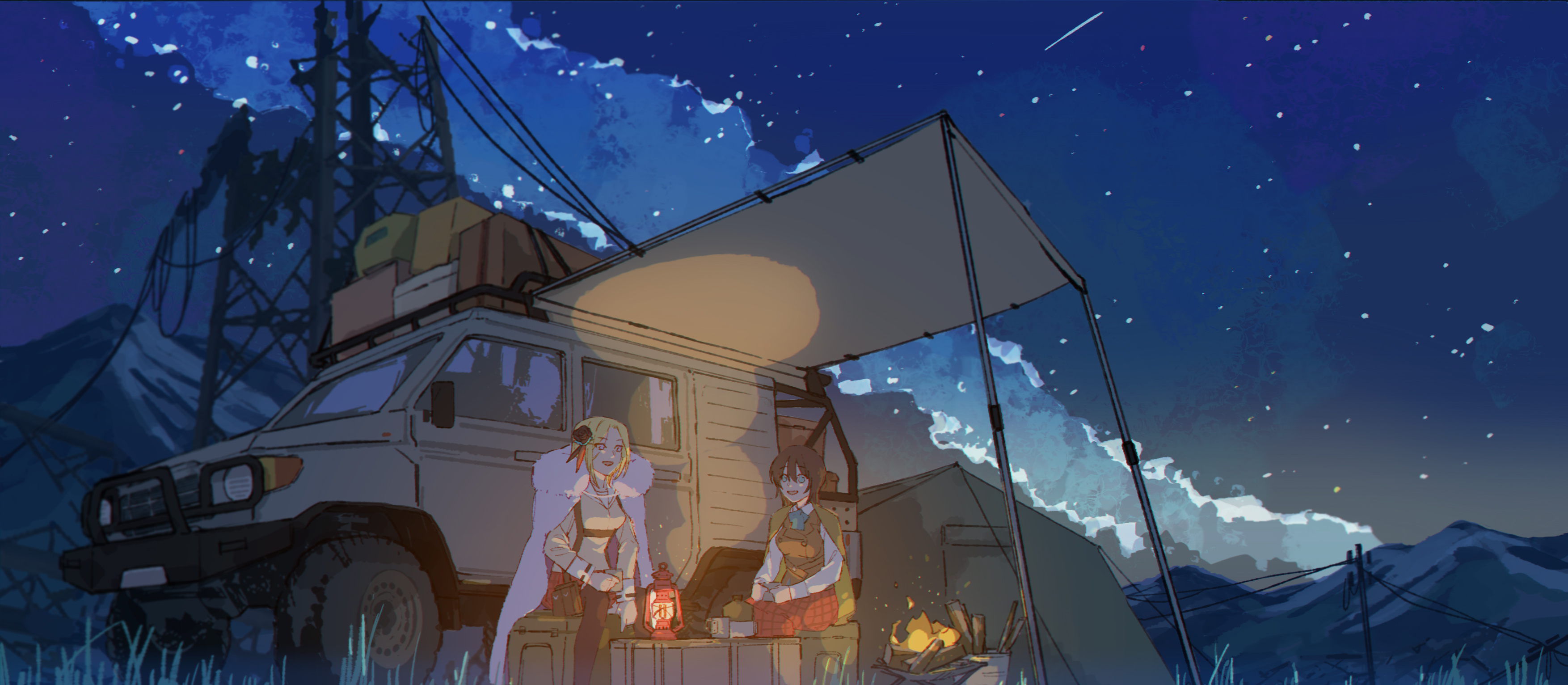 wbon, aoi erika, minase ichigo, heaven burns red, absurdres, highres, 2girls, black hair, blonde hair, bow, breasts, camping, cape, flower, fur-trimmed cape, fur trim, green eyes, hair flower, hair ornament, long sleeves, medium hair, motor vehicle, multiple girls, night, rose, scenery, shirt, short hair, sky, slice of life, star (sky), starry sky, van, vest, white shirt