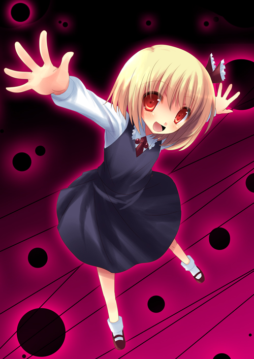 yukizuki chikuba, rumia, embodiment of scarlet devil, touhou, 1girl, blonde hair, darkness, female focus, hair ribbon, necktie, outstretched arms, red eyes, ribbon, short hair, solo, spread arms