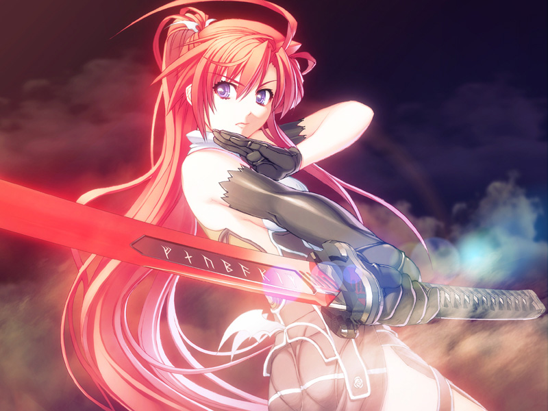 nishii (damnedrive), ignis (jingai makyou), jingai makyou, nitroplus, translated, 1girl, ahoge, bat wings, elbow gloves, female focus, gloves, hair ornament, hairpin, katana, long hair, moon, ponytail, purple eyes, red hair, red theme, runes, smoke, solo, sword, weapon, wings