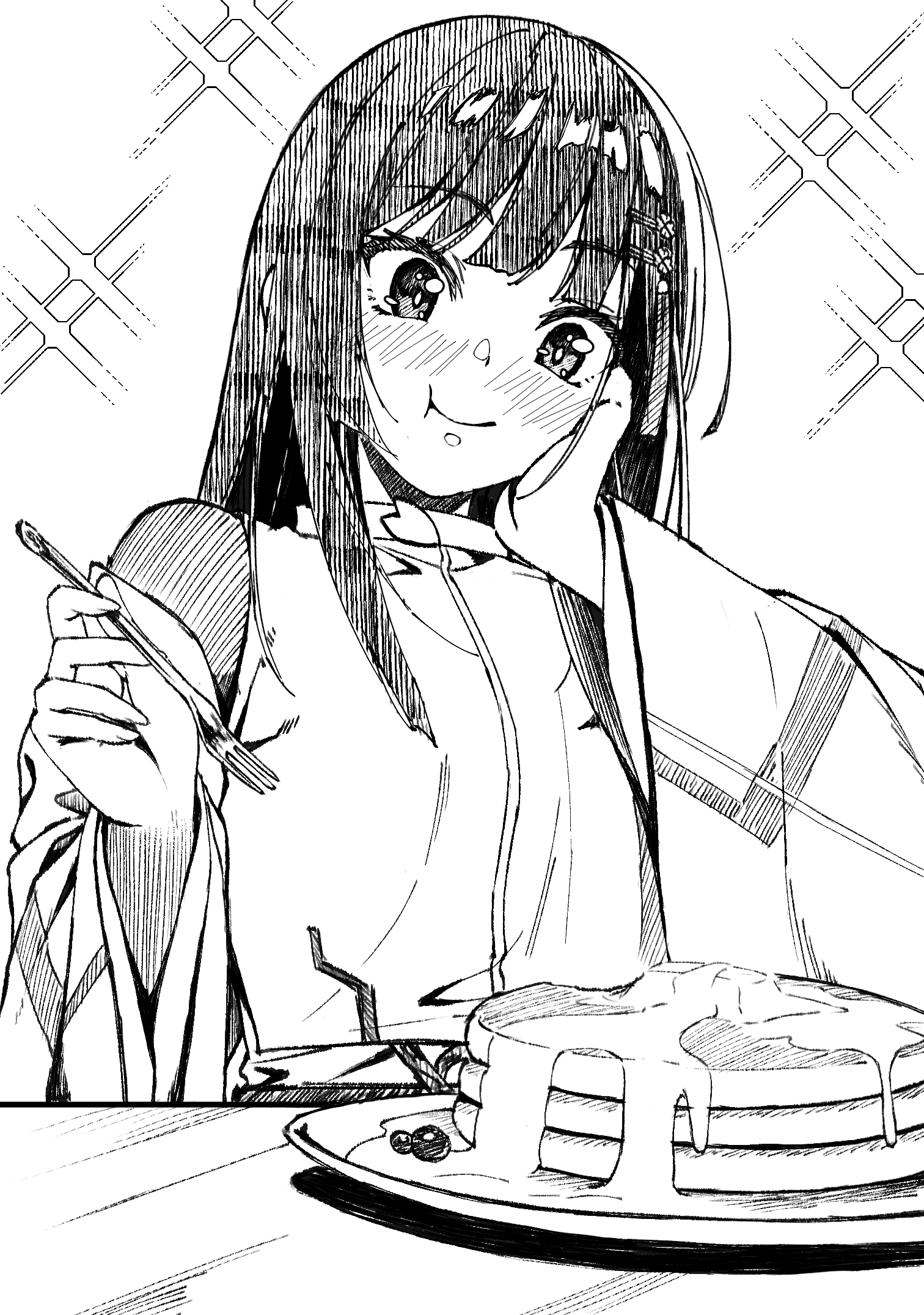 nikaidou misato, heaven burns red, highres, 1girl, black hair, food, hair ornament, long hair, metako (slime shop), monochrome, pancake, sidelocks, solo, tassel, tassel hair ornament, wide sleeves