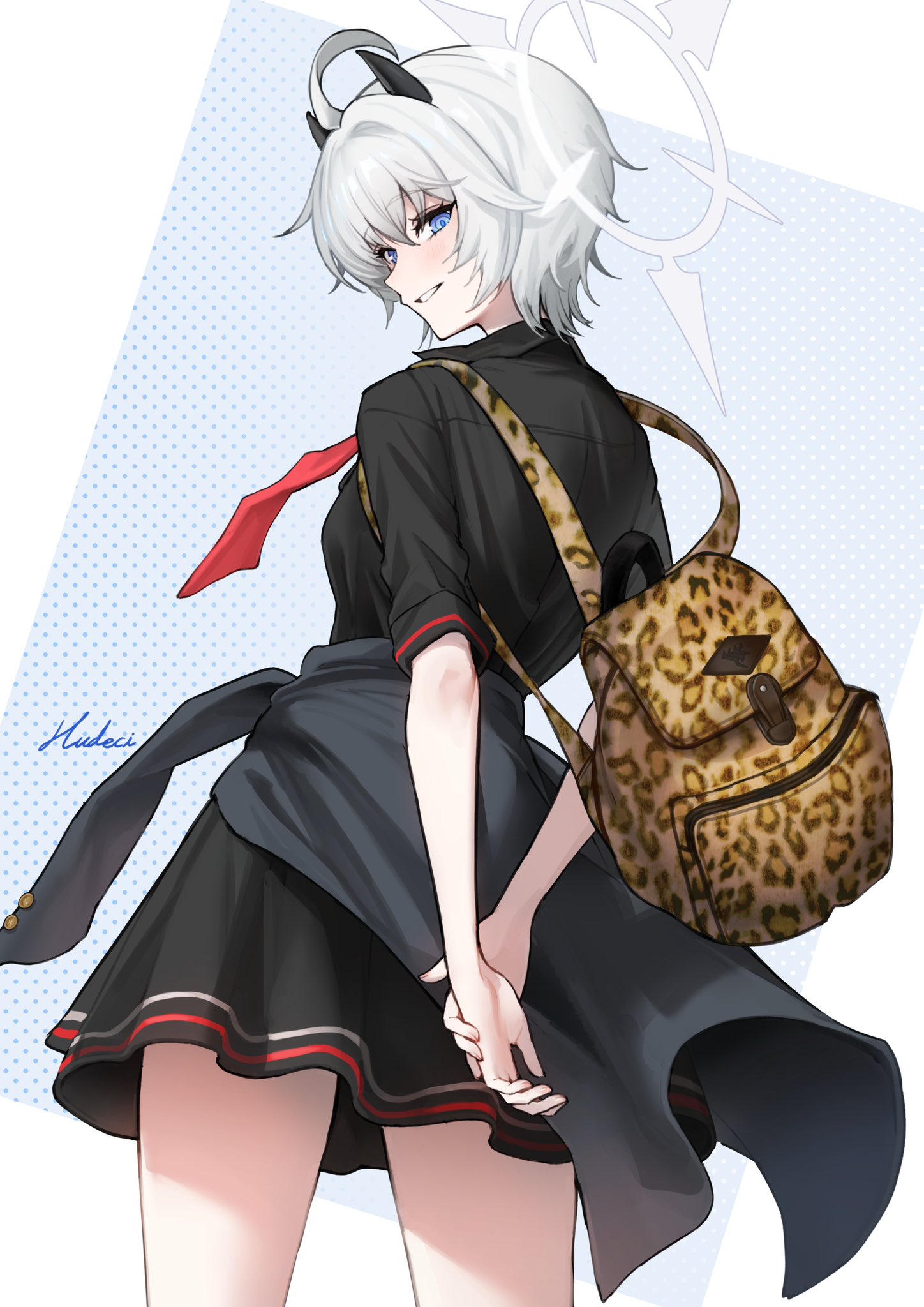 beruko14, erika (blue archive), blue archive, highres, 1girl, animal print, back, backpack, bag, black jacket, black shirt, black skirt, blue eyes, clothes around waist, collared shirt, demon girl, demon horns, full body, gyaru, halo, horns, jacket, jacket around waist, leopard print, looking at viewer, looking back, necktie, red necktie, school uniform, shirt, short hair, signature, skirt, smile, white hair, white halo