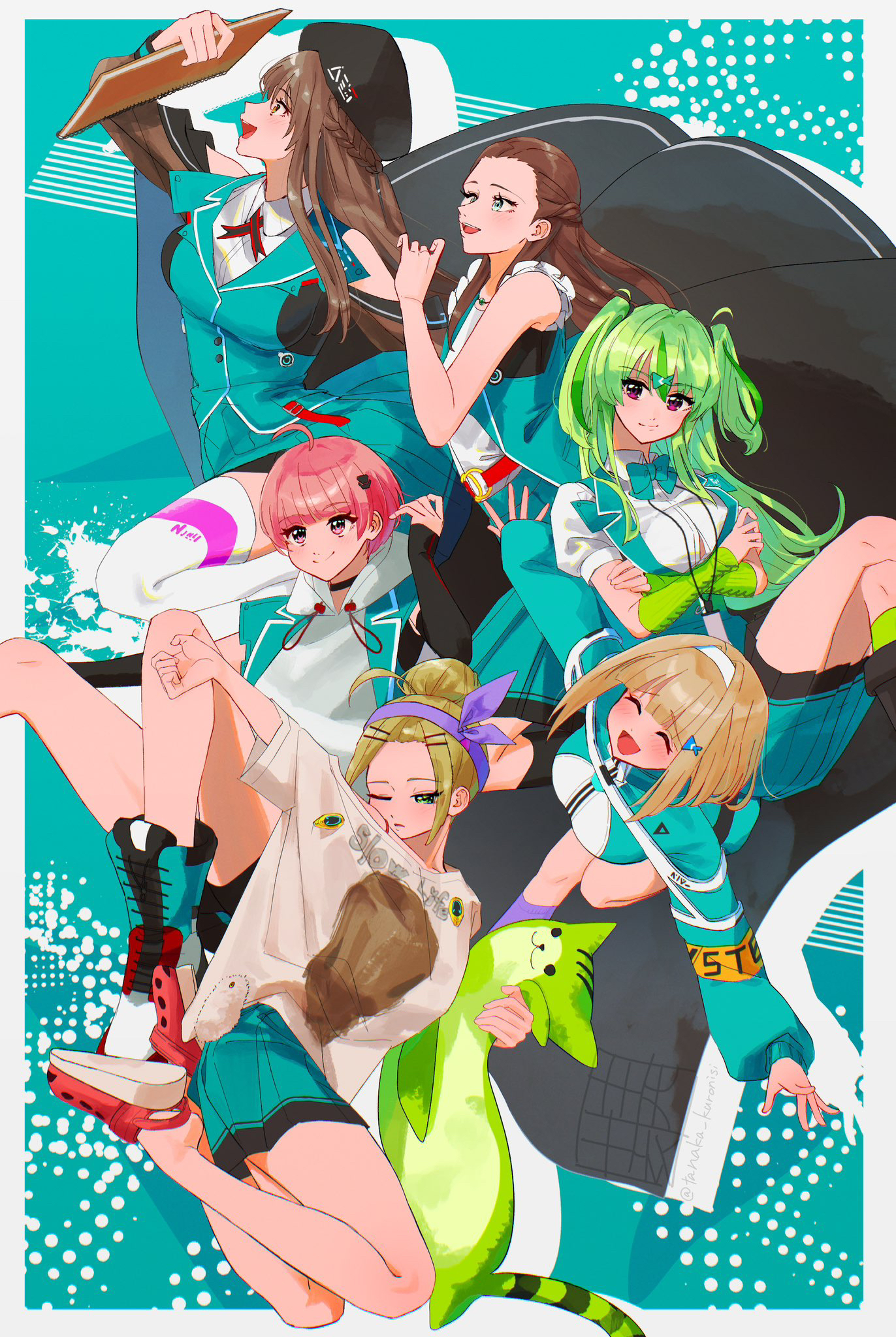 tanaka kuronisi, ooshima ichiko, ooshima isuzu, ooshima minori, ooshima muua, ooshima niina, ooshima yotsuha, heaven burns red, highres, 6+girls, ahoge, bangs pinned back, beret, blonde hair, braid, breasts, bridal gauntlets, brown hair, fish hair ornament, green eyes, green hair, hair between eyes, hair bun, hair ornament, hairband, half up braid, hat, large breasts, long hair, multicolored hair, multiple girls, pleated skirt, red eyes, red hair, sextuplets, short hair, siblings, sisters, skirt, sportswear, streaked hair, stuffed toy, team 31e (heaven burns red), two side up, yellow eyes