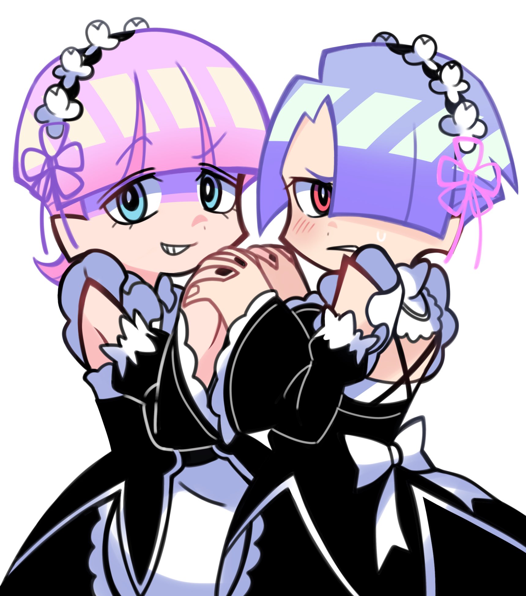 polyester (psg), polyurethane (psg), ram (re:zero), rem (re:zero), panty & stocking with garterbelt, re:zero kara hajimeru isekai seikatsu, highres, 2boys, apron, black dress, black nails, blue eyes, blue hair, blunt bangs, blush, brothers, clenched teeth, cosplay, crossdressing, crossdressing (mtf), detached sleeves, dress, grin, hair over one eye, holding hands, looking at viewer, maid, male focus, multiple boys, nail polish, pink hair, poribrothers 23, ram (re:zero) (cosplay), red eyes, rem (re:zero) (cosplay), roswaal mansion maid uniform, siblings, simple background, smile, teeth, trap, white background
