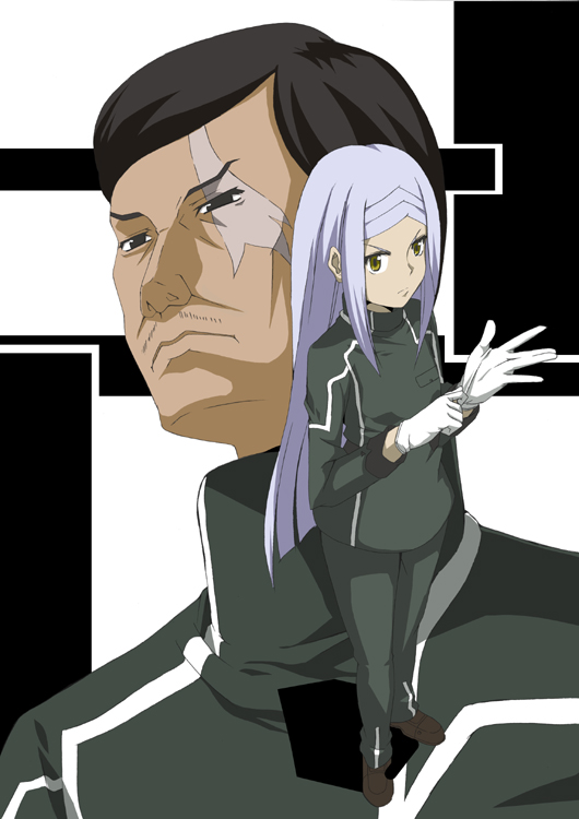 date (senpen), sergei smirnov, soma peries, gundam, gundam 00, silver hair, 00s, 1boy, 1girl, gloves, long hair, military, military uniform, scar, scar across eye, scar on face, yellow eyes