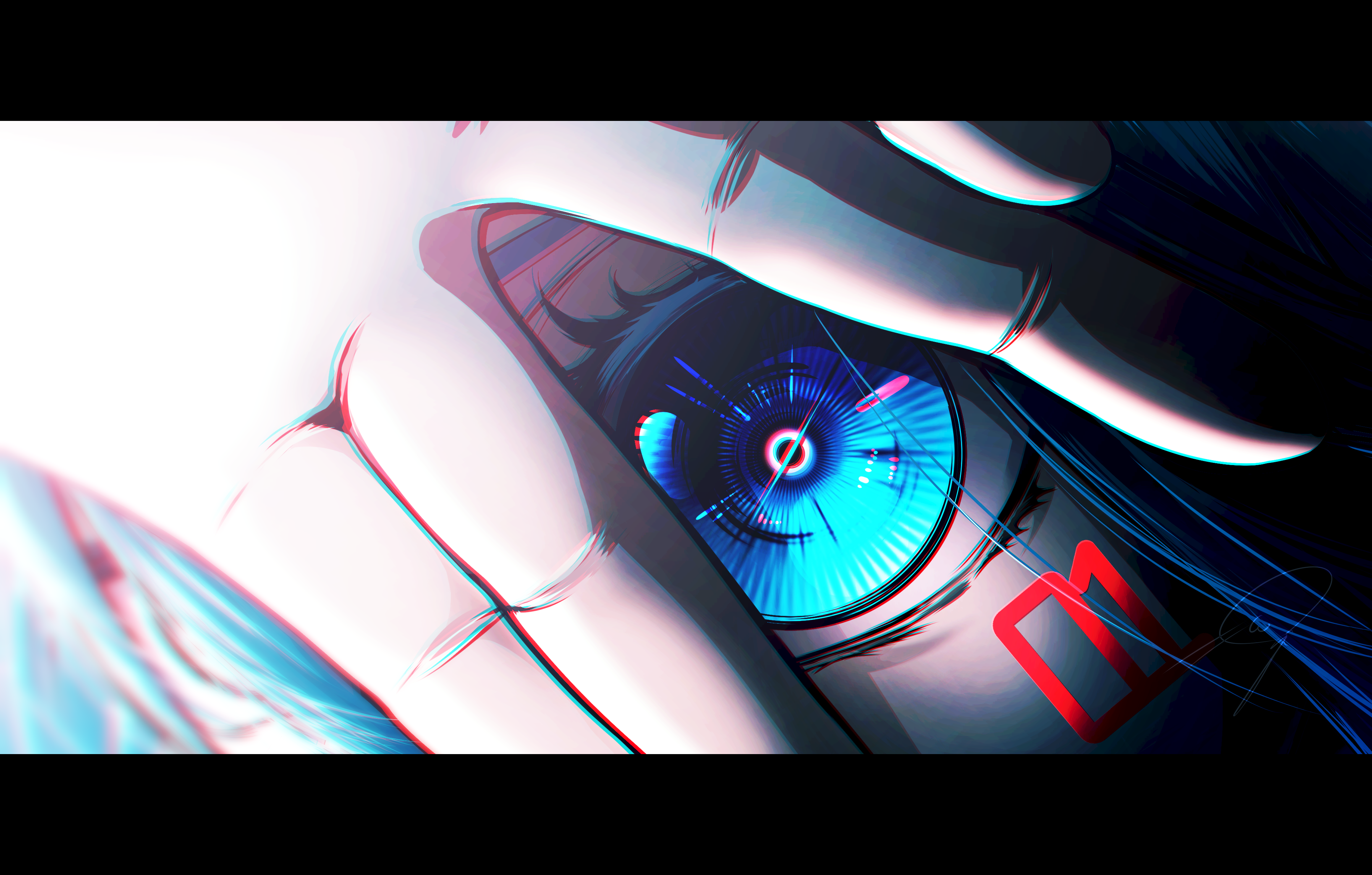 nengoro, hatsune miku, vocaloid, absurdres, commentary request, highres, 1girl, aqua eyes, chromatic aberration, eye focus, eyelashes, hand over eye, letterboxed, looking at viewer, number tattoo, signature, solo, tattoo