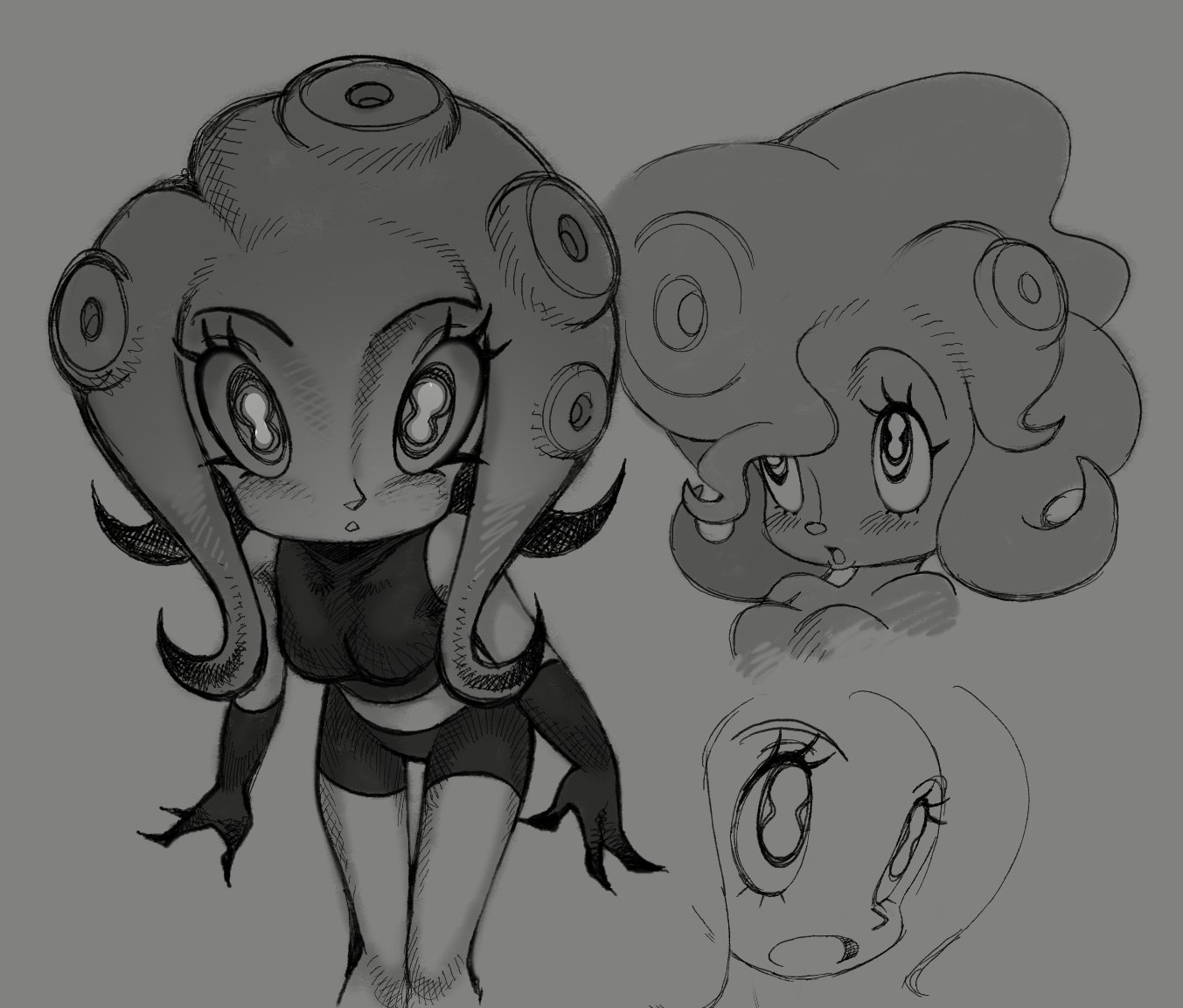 roachgore, tofu (roachgore), nintendo, original, splatoon (series), splatoon 3, 1960s (style), 1girl, breasts, cephalopod eyes, crop top, deformed, eyelashes, faux retro artstyle, gloves, octoling, oldschool, retro artstyle, suction cups, tentacle hair, toon (style), upper body