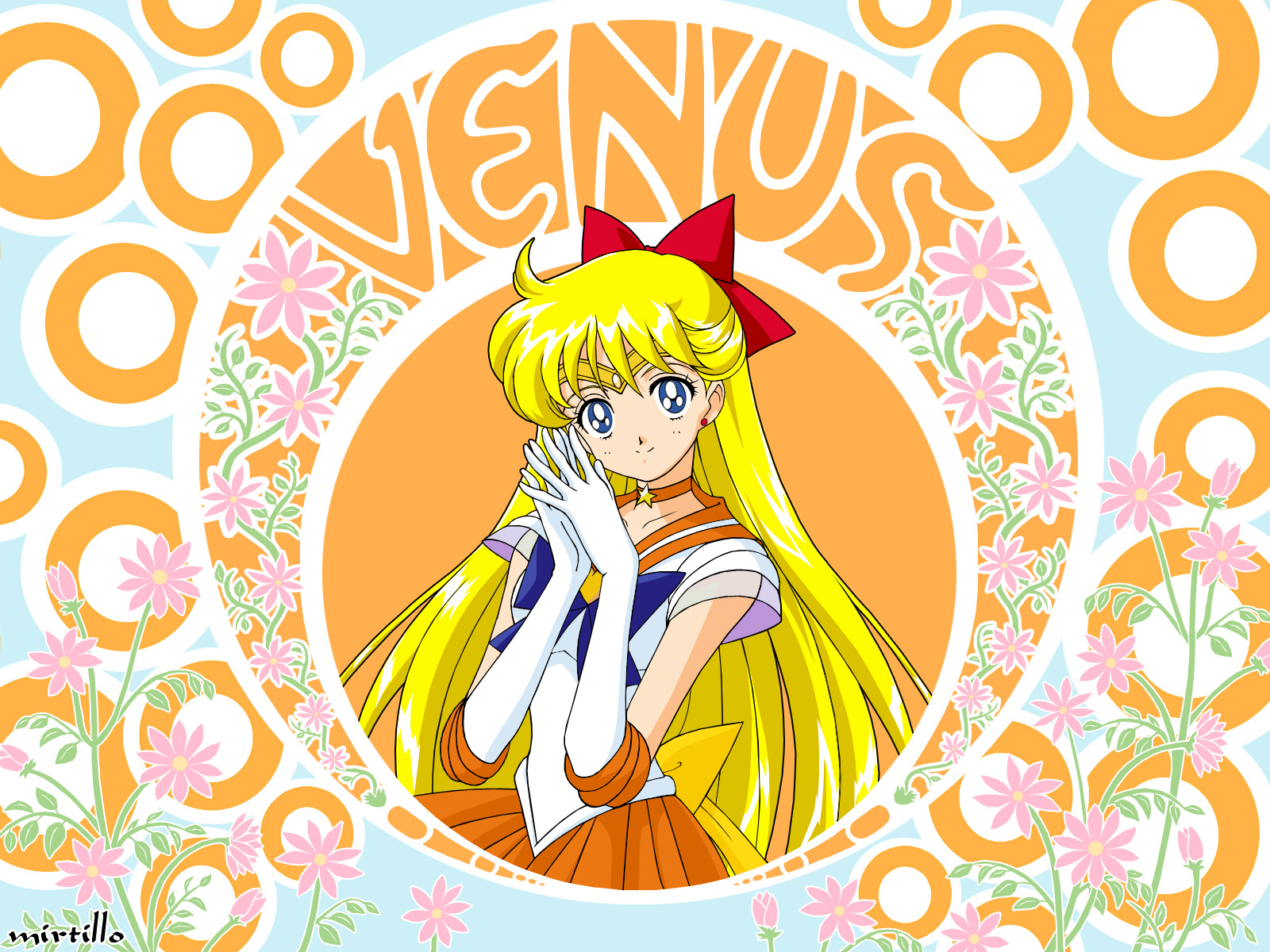 aino minako, sailor venus, super sailor venus, bishoujo senshi sailor moon, highres, 1990s (style), 1girl, art nouveau, blonde hair, blue eyes, bow, brooch, choker, earrings, elbow gloves, female focus, flower, food, fruit, gloves, hair bow, half updo, heart, heart brooch, jewelry, long hair, magical girl, orange (fruit), orange skirt, orange theme, own hands together, red bow, retro artstyle, school uniform, serafuku, skirt, solo, tiara, white gloves
